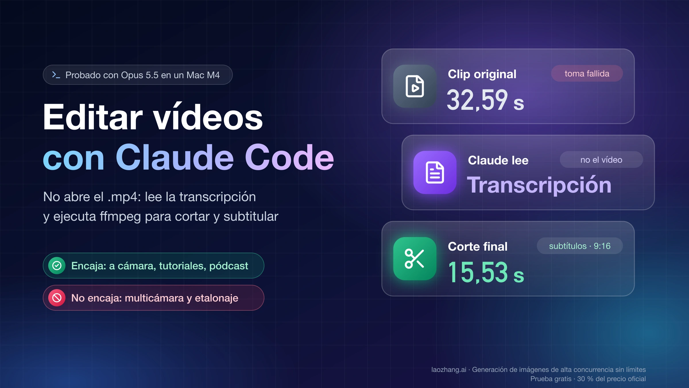 Editar vídeos con Claude Code: lee la transcripción en lugar del .mp4 y ffmpeg deja un clip de 32,59 s en 15,53 s