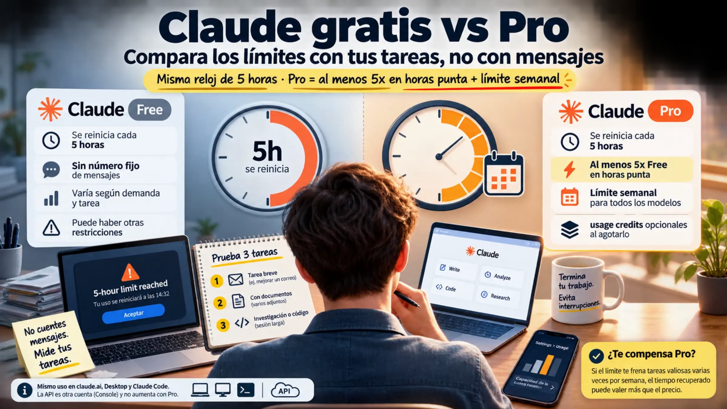 Comparación de Claude gratis y Pro mediante tareas y relojes de reinicio