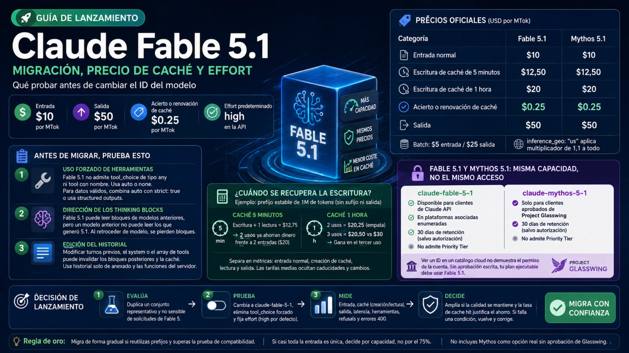 Guía visual de migración a Claude Fable 5.1 con precios, recuperación de caché, effort, compatibilidad y acceso a Mythos