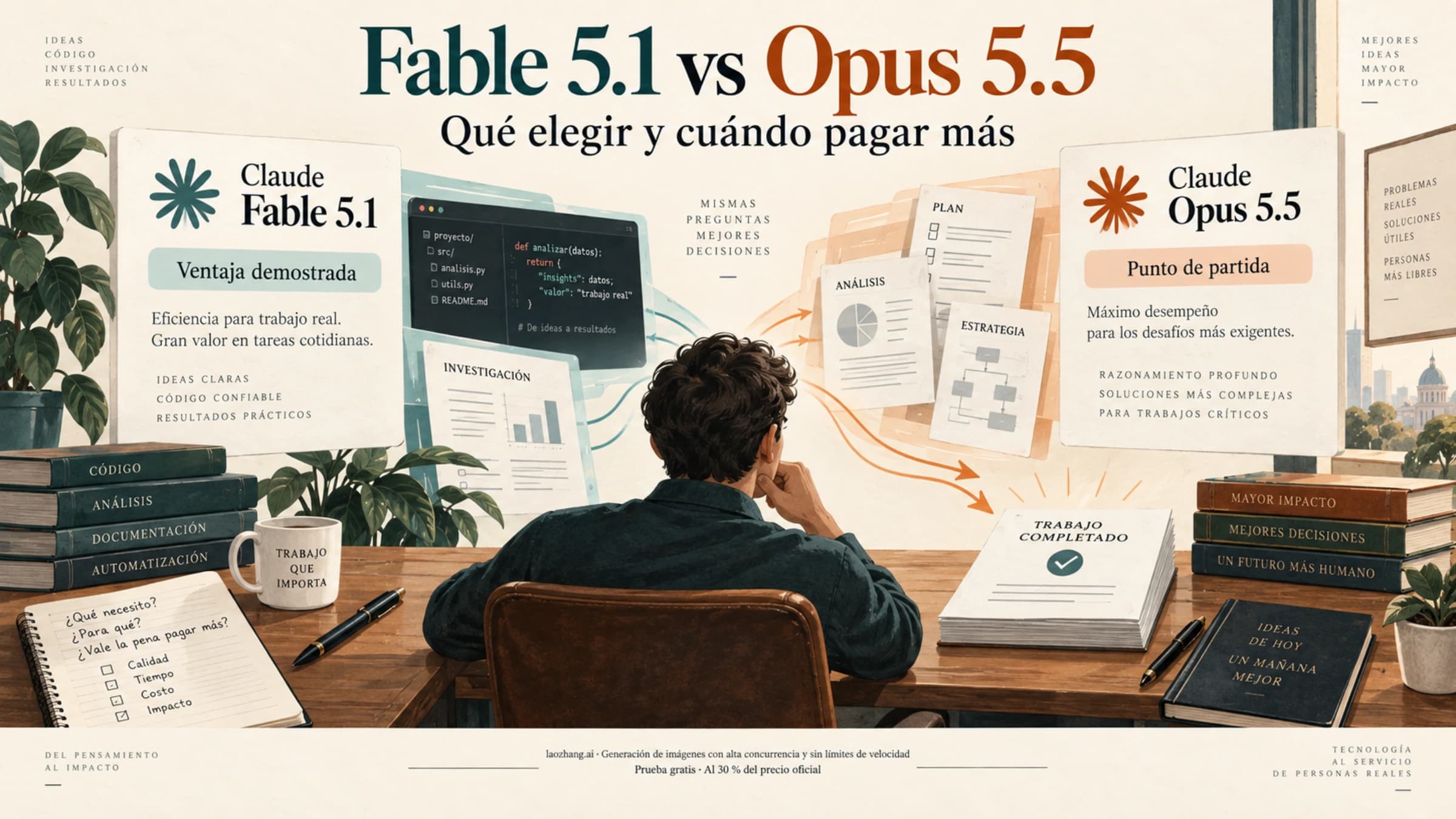 Ilustración de la elección entre Claude Fable 5.1 y Opus 5.5 para terminar trabajos de programación e investigación