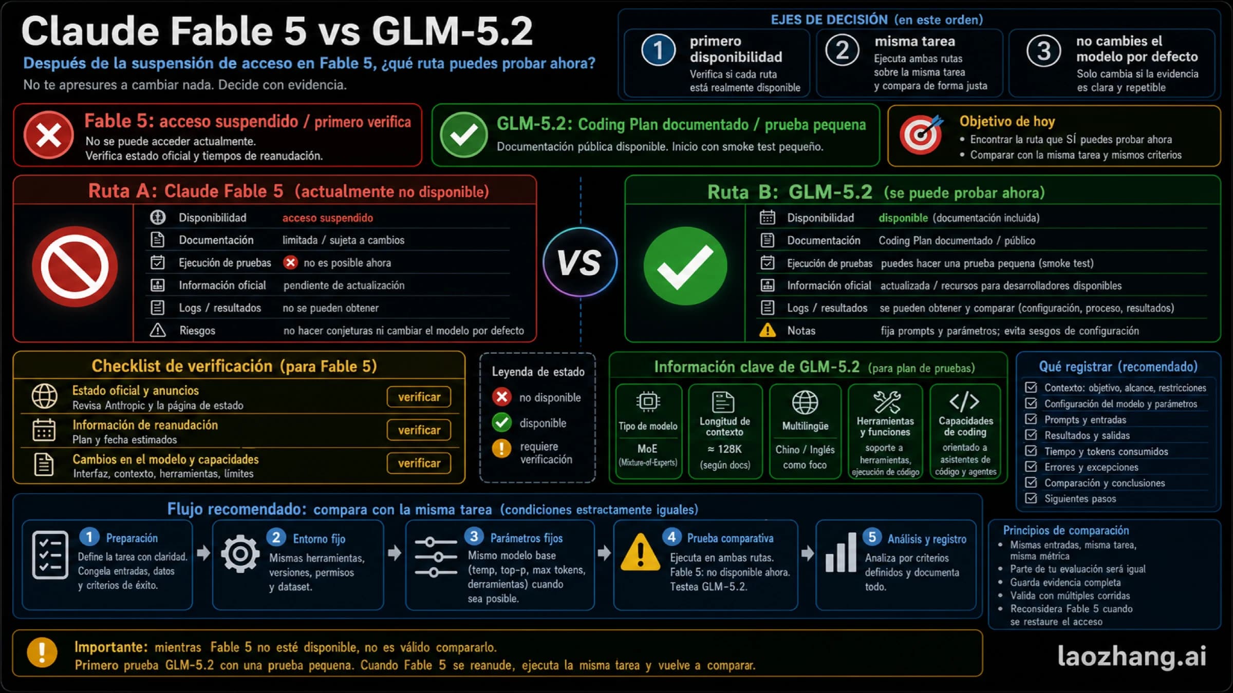 Tablero de ruta por disponibilidad para Claude Fable 5 y GLM-5.2.