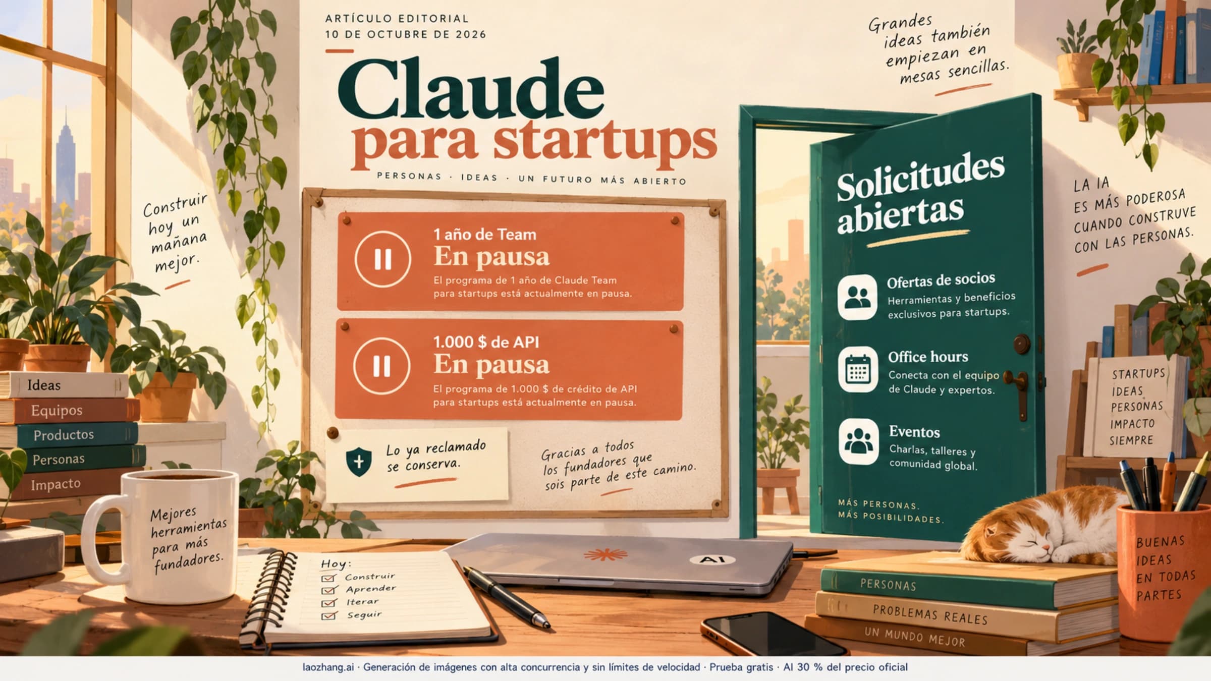 Claude para startups: el año de Team y los 1.000 $ de API están en pausa, las solicitudes siguen abiertas y las ventajas ya reclamadas se conservan.