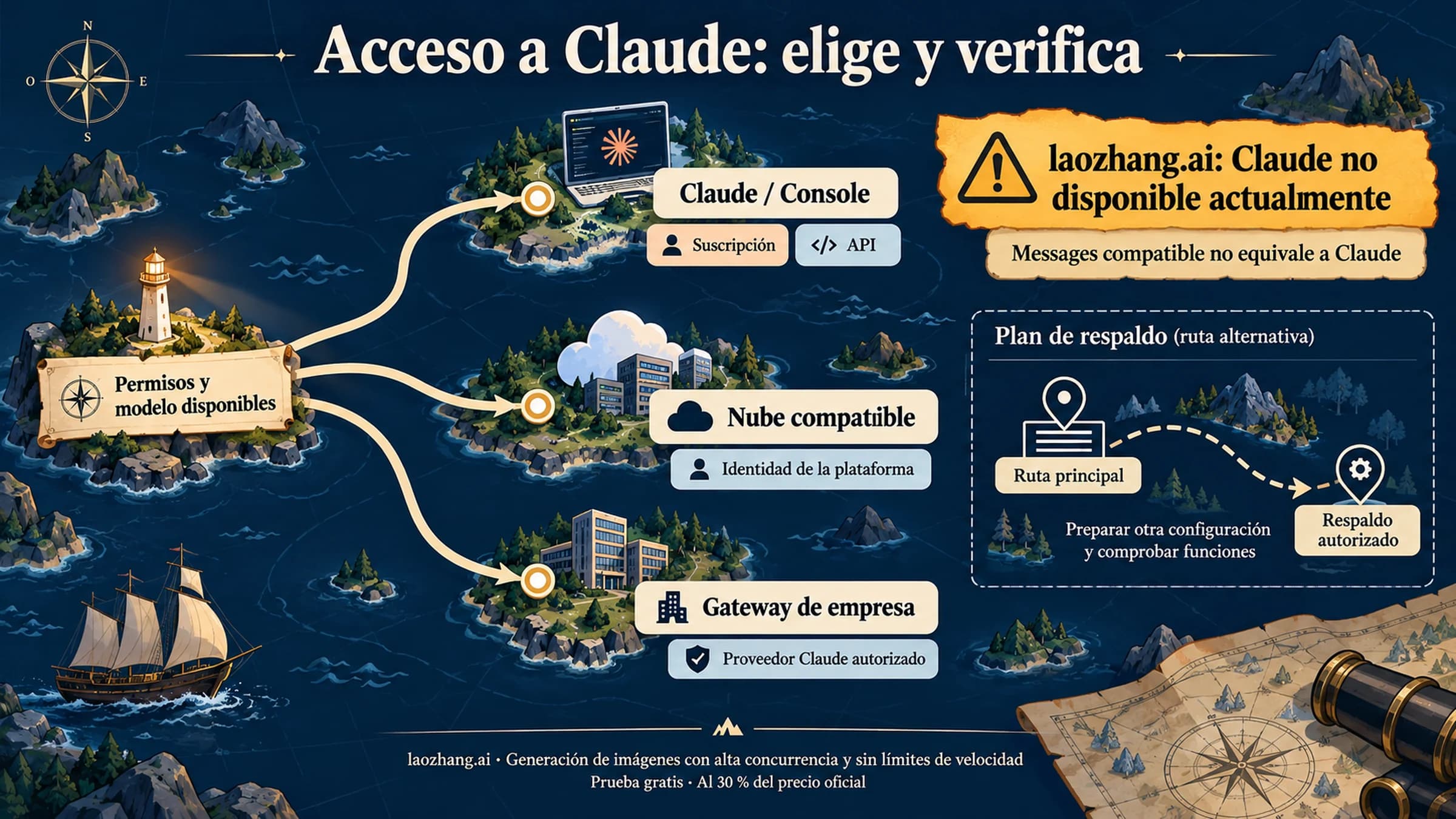 Mapa de distintas rutas de acceso a Claude y de una conexión de respaldo