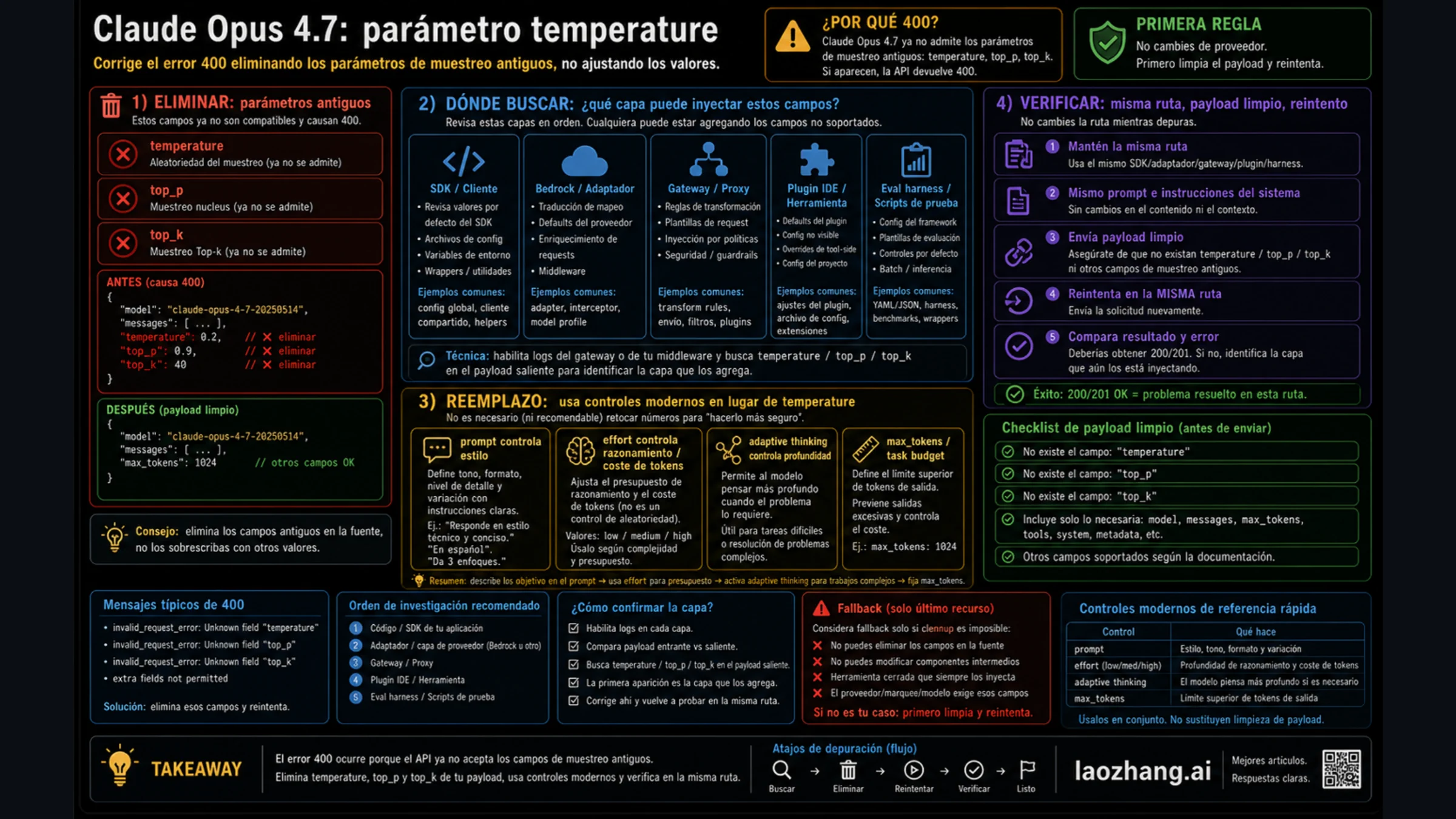 Esquema de Claude Opus 4.7 con temperature, top_p y top_k retirados de la petición y las capas que pueden volver a añadirlos