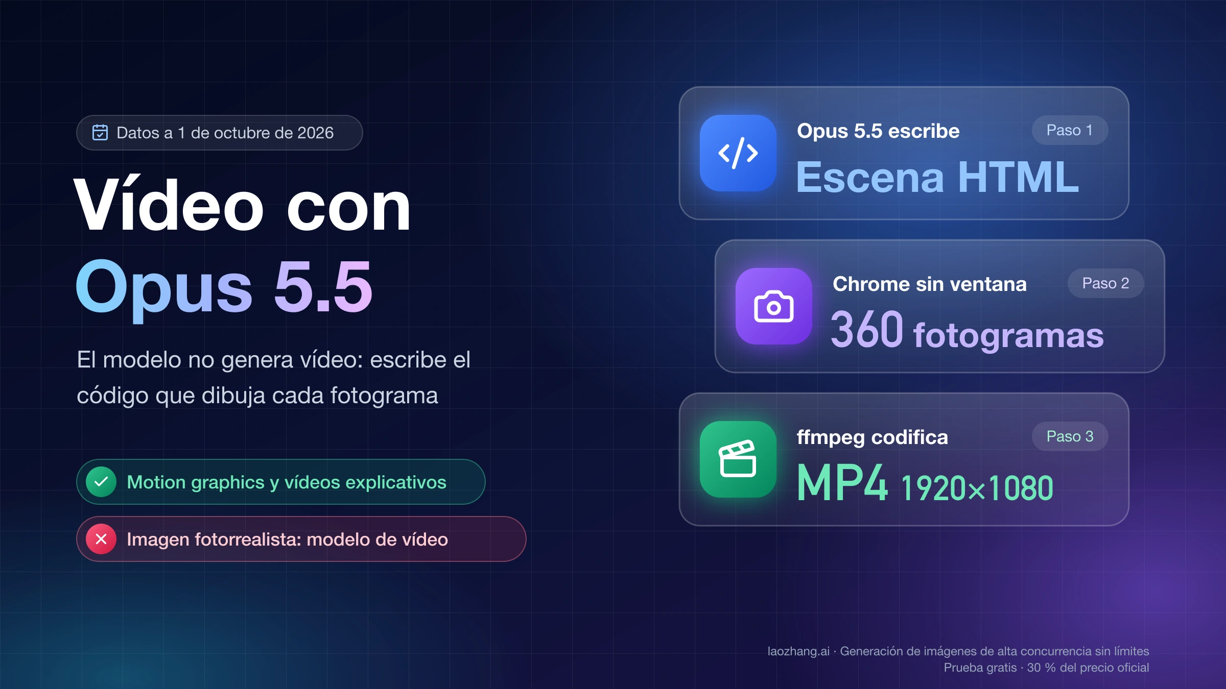 Vídeo con Opus 5.5 en tres pasos: el modelo escribe una escena HTML, Chrome sin ventana captura 360 fotogramas y ffmpeg codifica un MP4 de 1920×1080