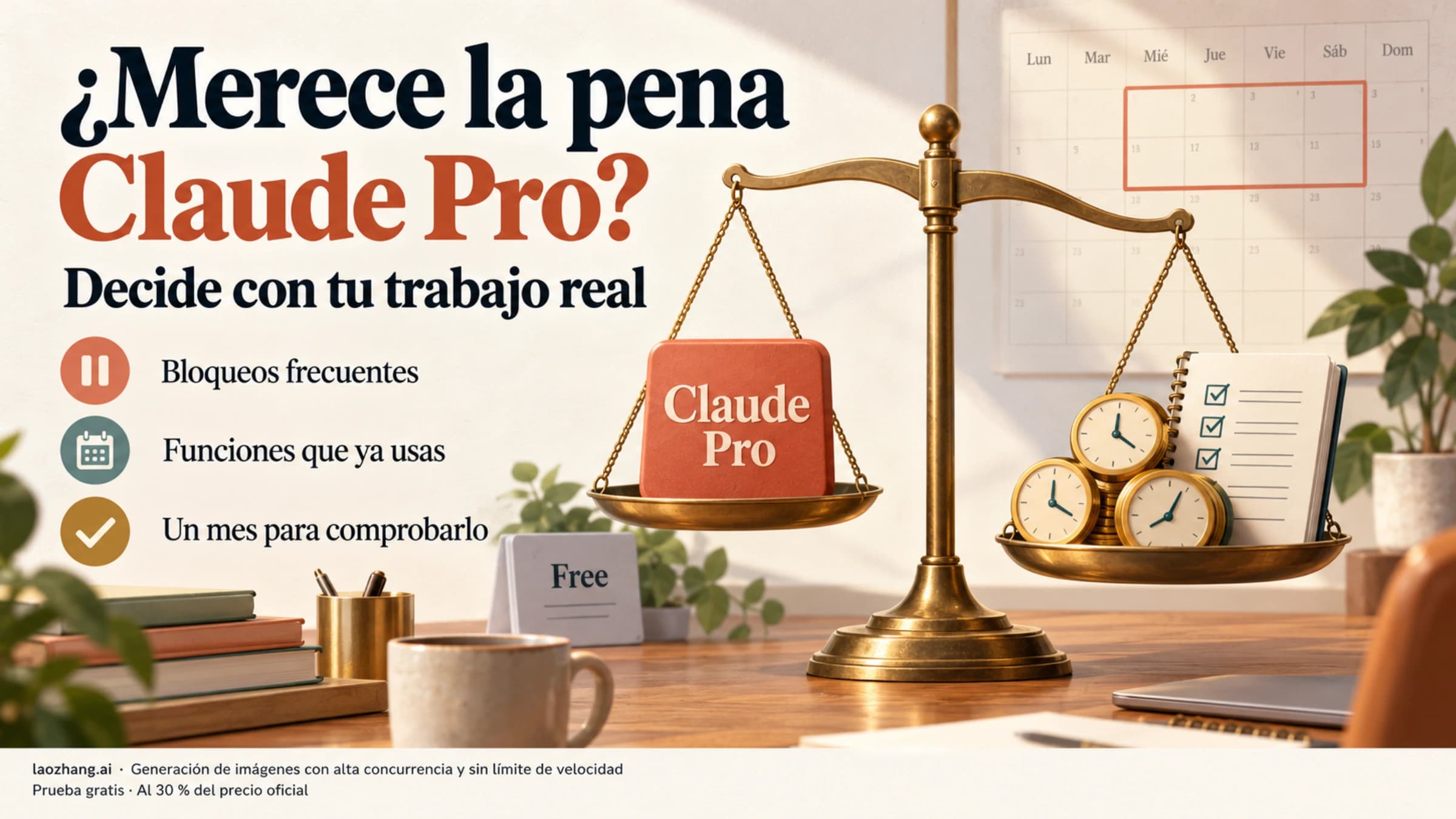Ilustración de una balanza entre Claude Pro y el tiempo recuperable para decidir si la suscripción compensa