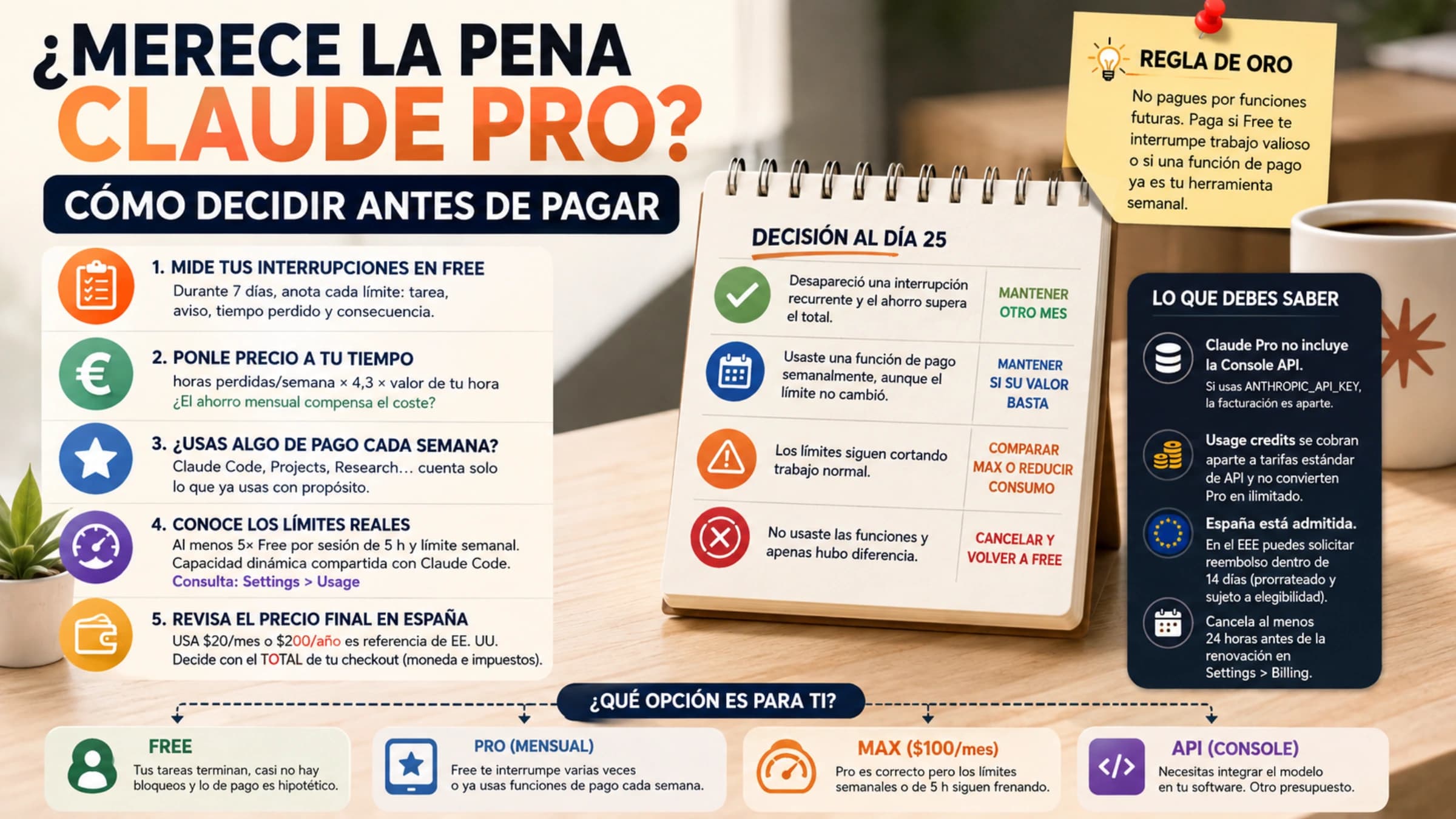 Decisión sobre Claude Pro basada en interrupciones, funciones usadas y precio mensual