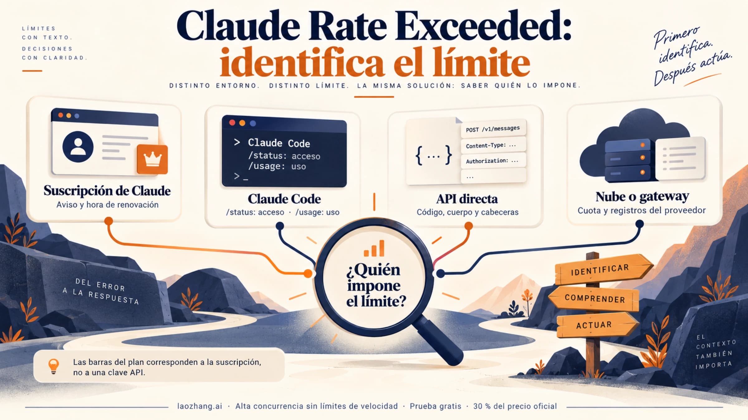 Distinguir la suscripción, Claude Code, API directa y cuota de nube o gateway antes de actuar