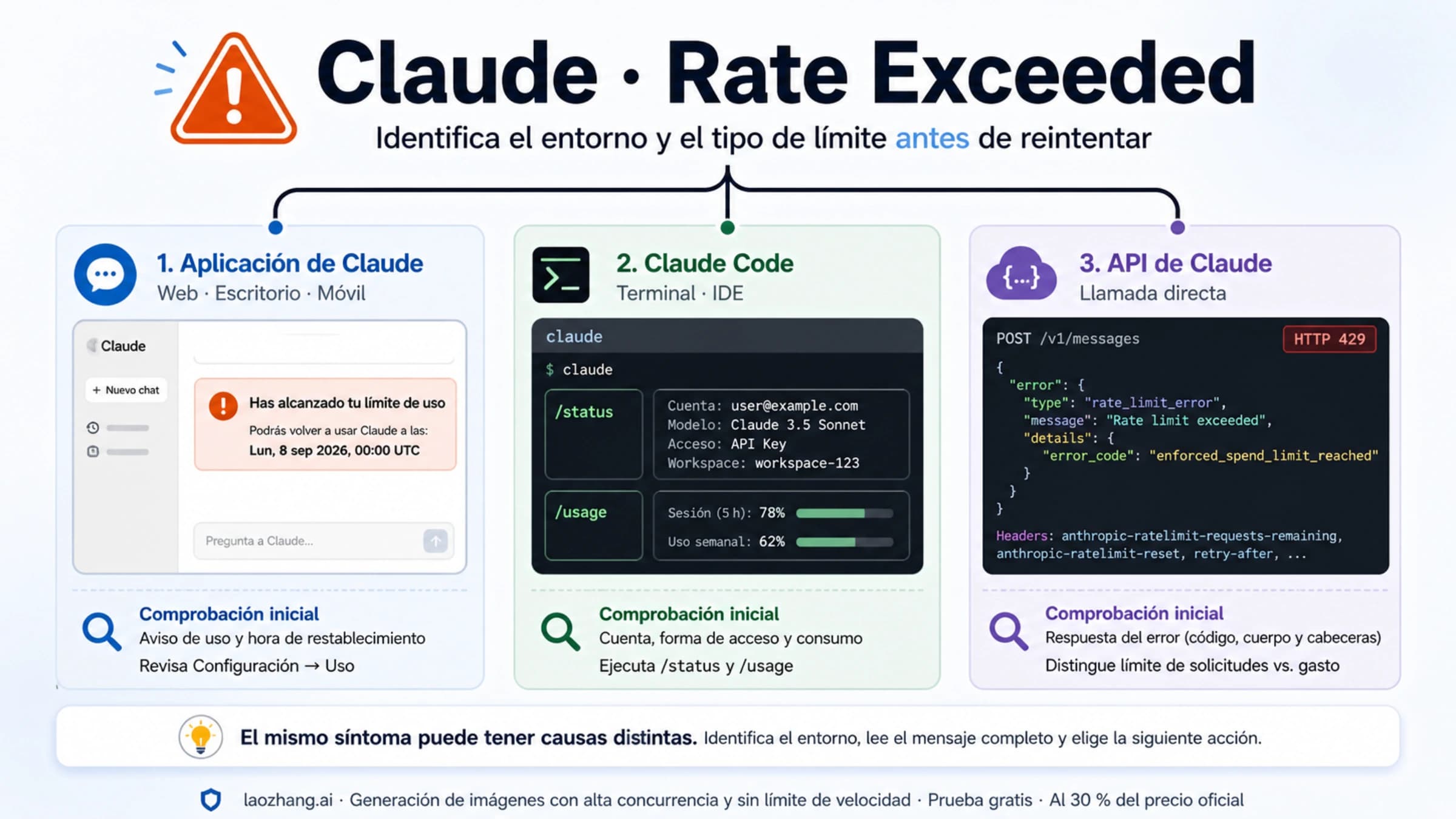 Comprobaciones iniciales ante Rate Exceeded en la aplicación de Claude, Claude Code y la API