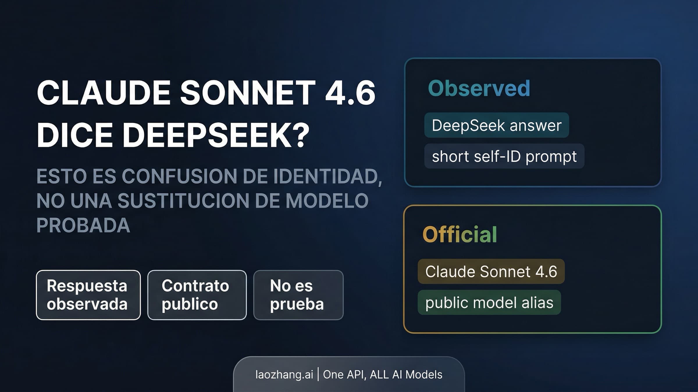 Diagrama que separa el contrato público de Claude Sonnet 4.6 de la autoidentificación como DeepSeek