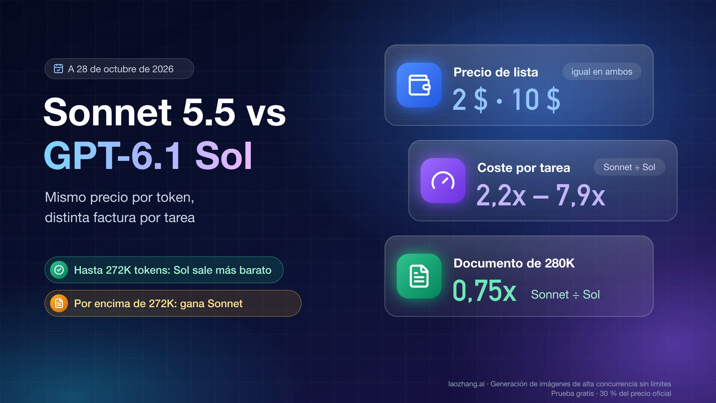 Sonnet 5.5 frente a GPT-6.1 Sol: mismo precio de lista de 2 $ y 10 $, Sonnet de 2,2 a 7,9 veces más caro por tarea y a 0,75x con un documento de 280K