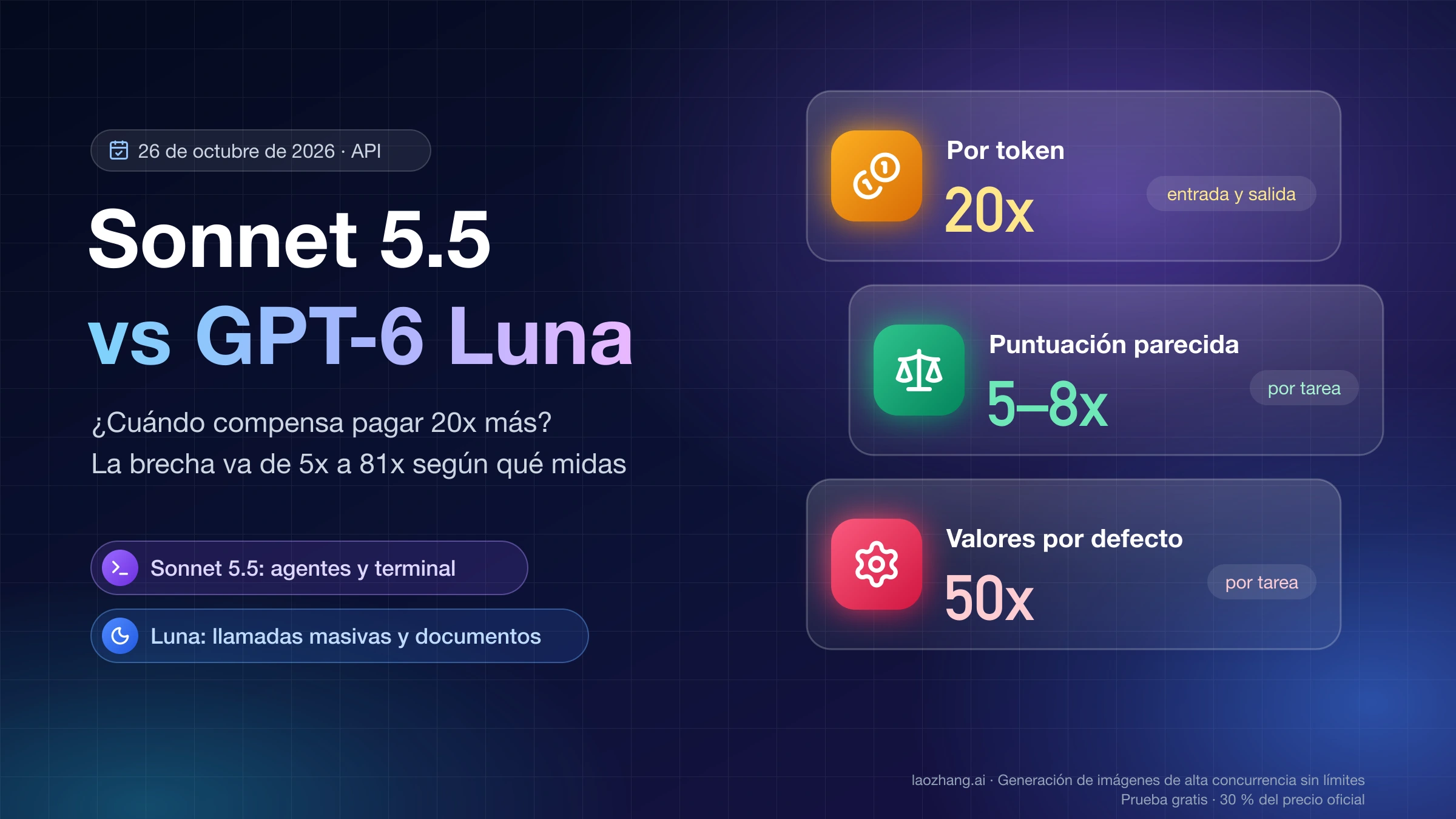 Claude Sonnet 5.5 frente a GPT-6 Luna: 20x más caro por token, 5–8x por tarea a puntuación parecida y 50x con valores por defecto