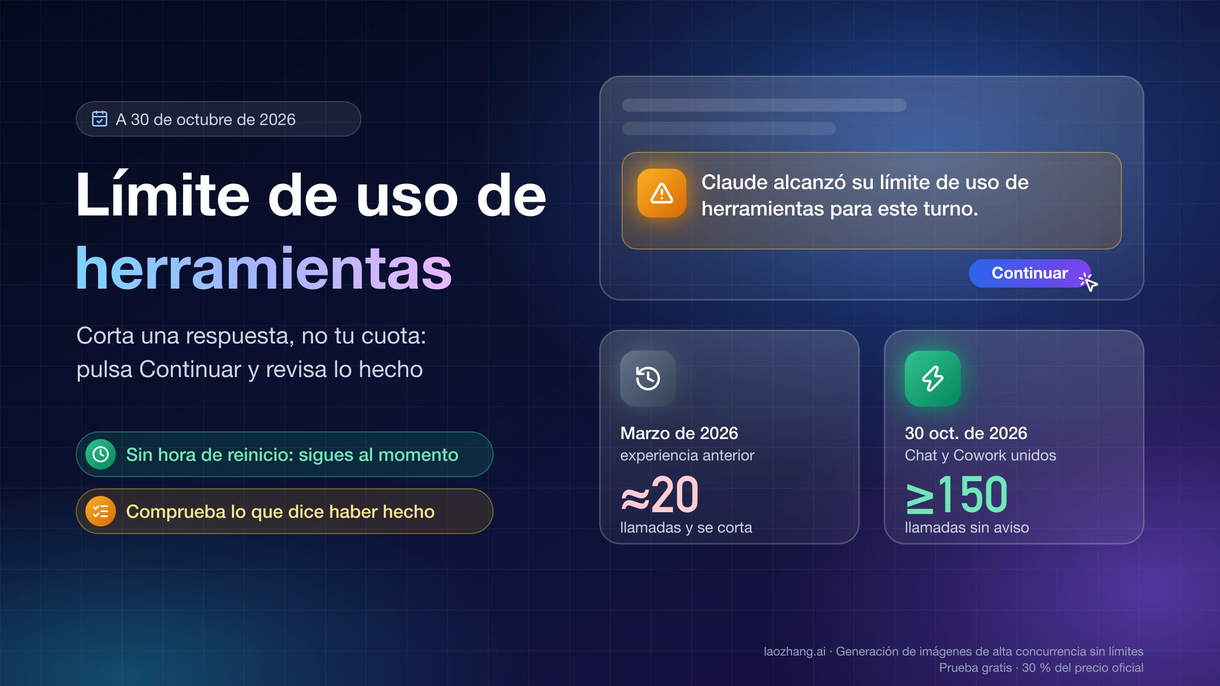 Aviso «Claude alcanzó su límite de uso de herramientas para este turno» con el botón Continuar, junto a unas 20 llamadas en marzo y al menos 150 sin aviso el 30 de octubre