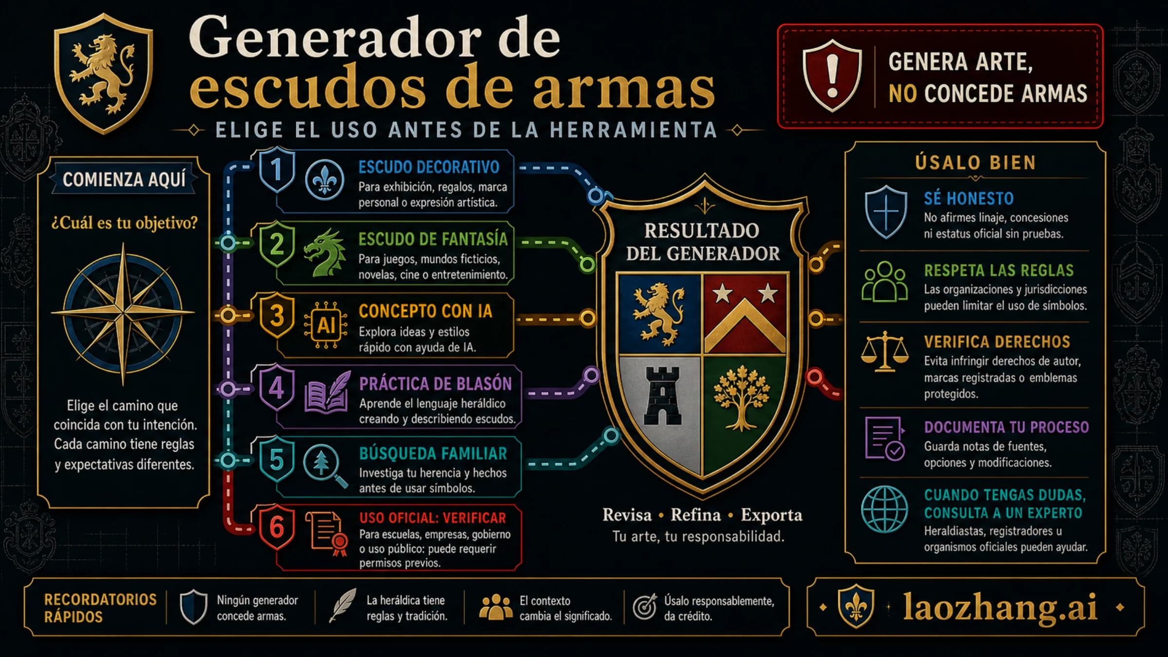 Mapa en español para elegir un generador de escudos de armas separando arte decorativo, IA, fantasía, blasón, familia y uso oficial.