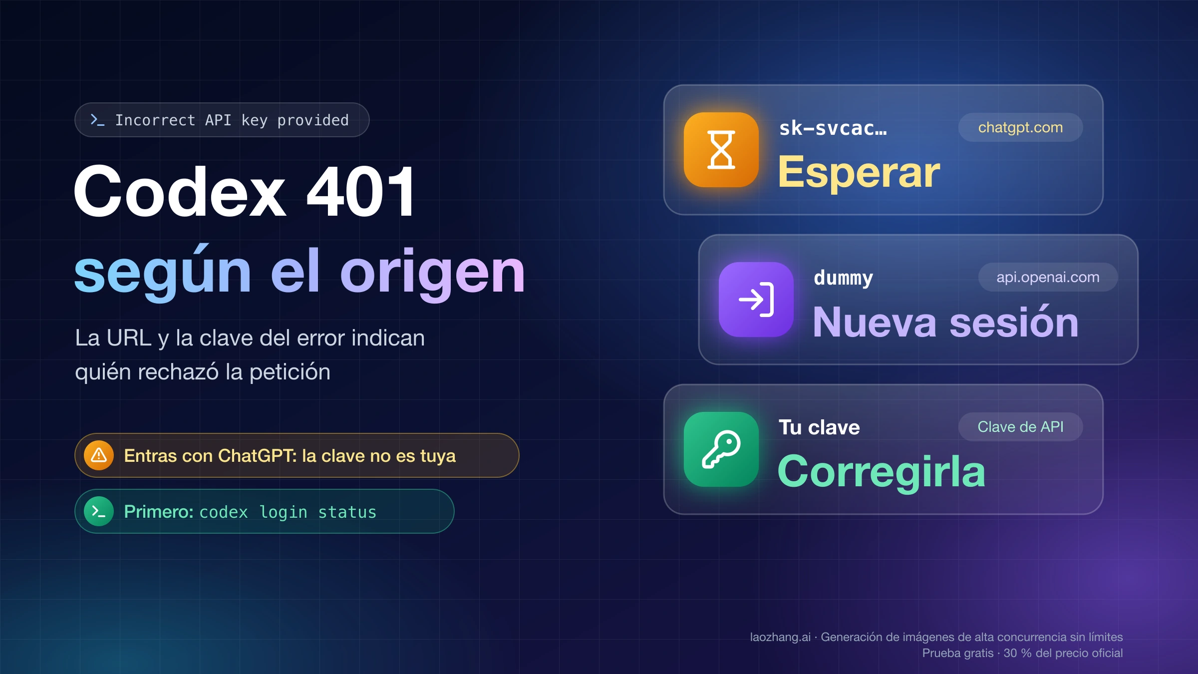 Codex 401 Incorrect API key provided según el origen: esperar con sk-svcac y chatgpt.com, nueva sesión con dummy, corregir la clave si es tuya