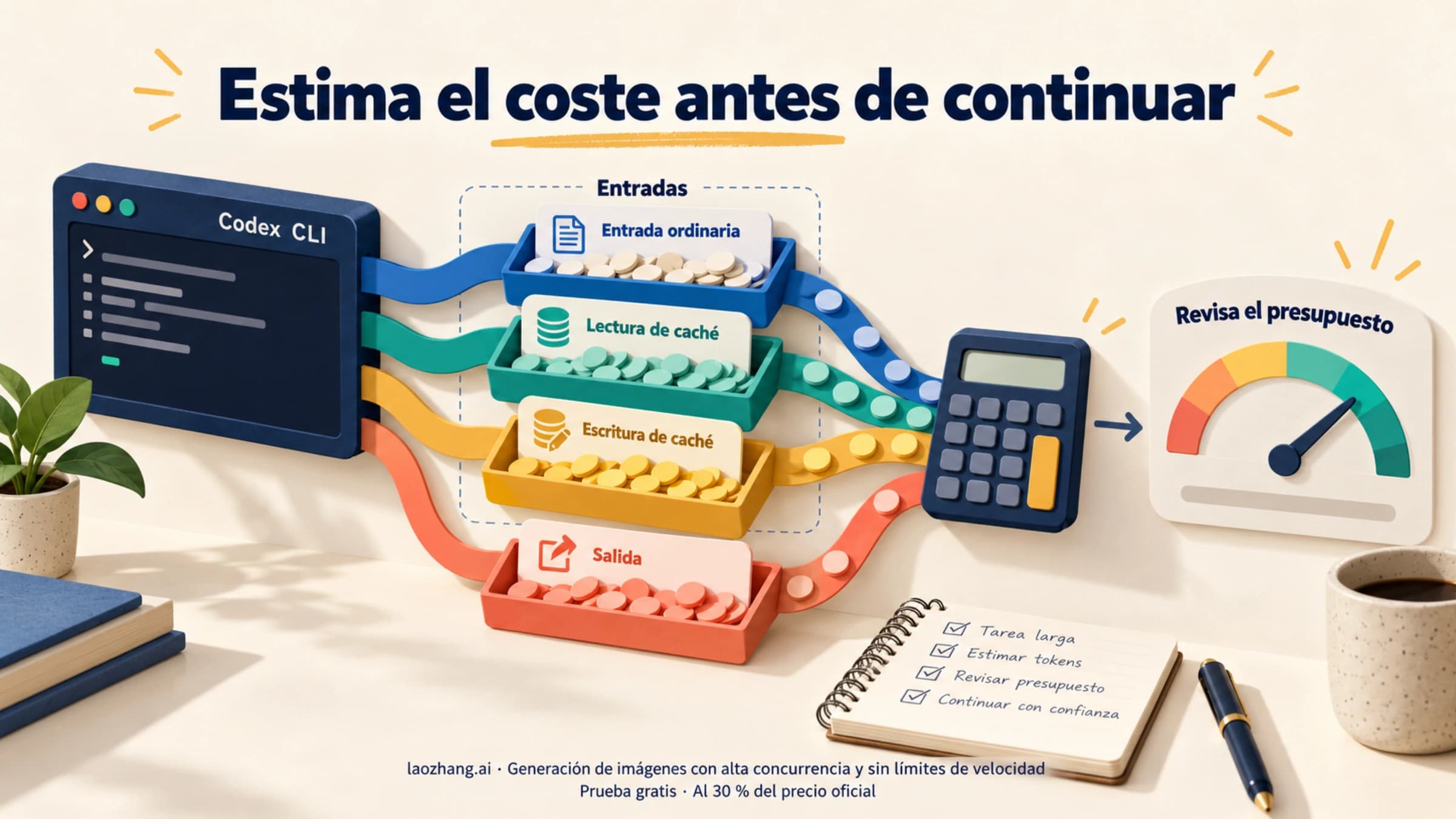 Ilustración del cálculo de coste de Codex CLI con entrada ordinaria, lectura y escritura de caché, salida y revisión del presupuesto