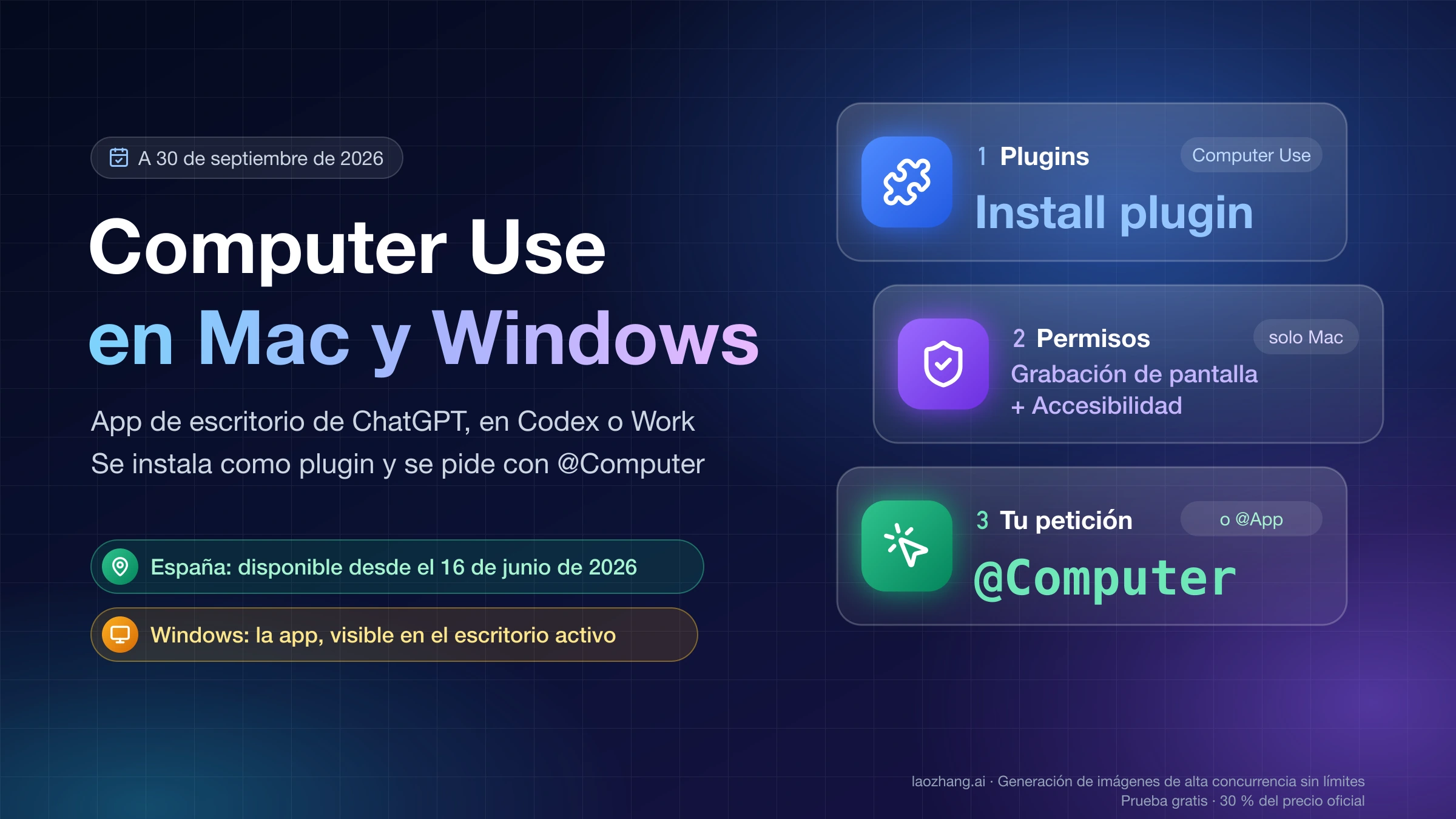 Portada de Computer Use en Mac y Windows con tres pasos: instalar el plugin, conceder permisos en Mac y mencionar @Computer