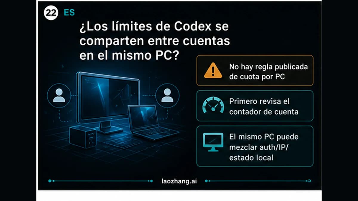 Tablero técnico sobre límites de Codex en el mismo PC con varias cuentas