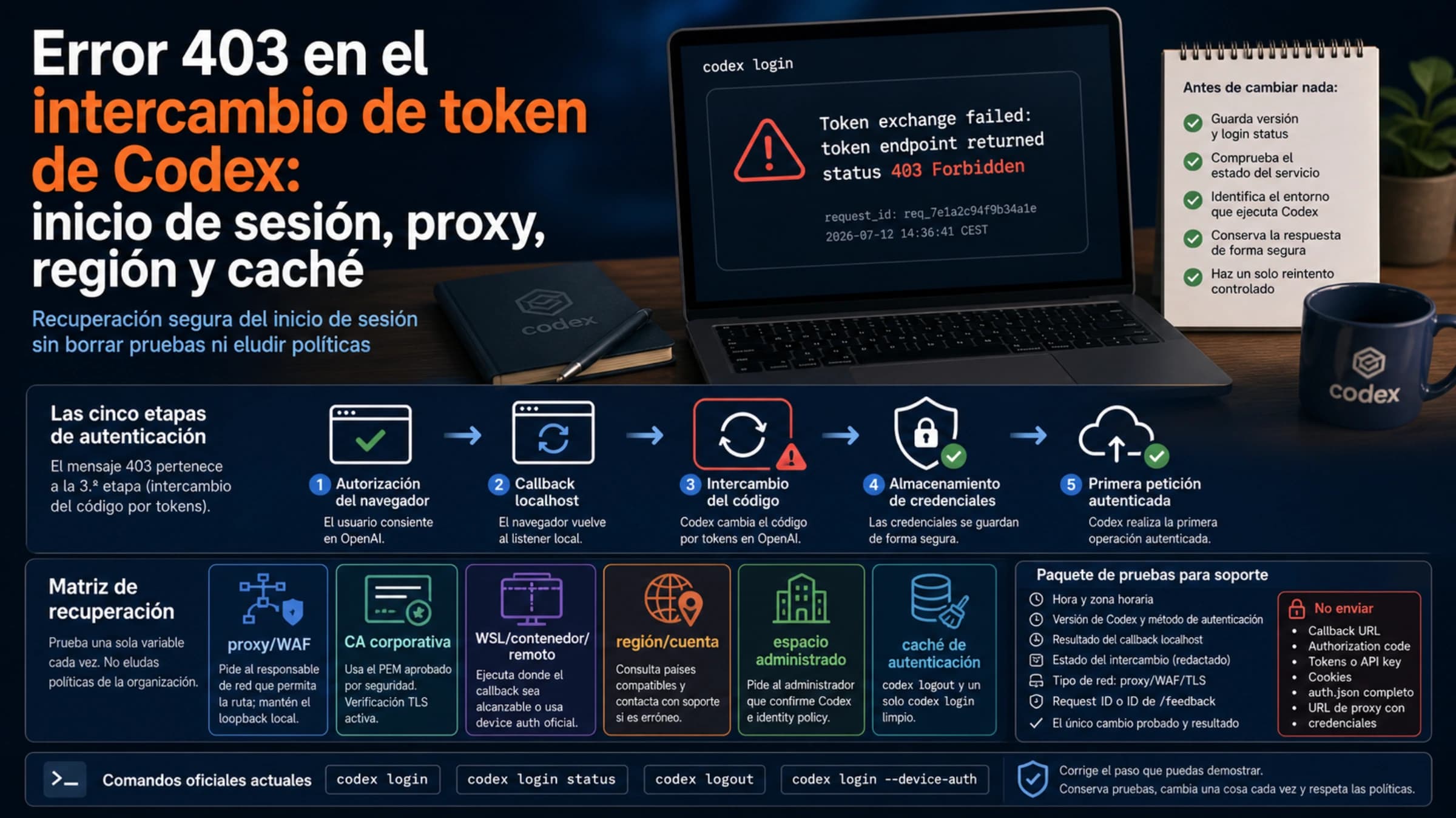 Diagnóstico del error 403 de intercambio de token de Codex por inicio de sesión, proxy, región y caché