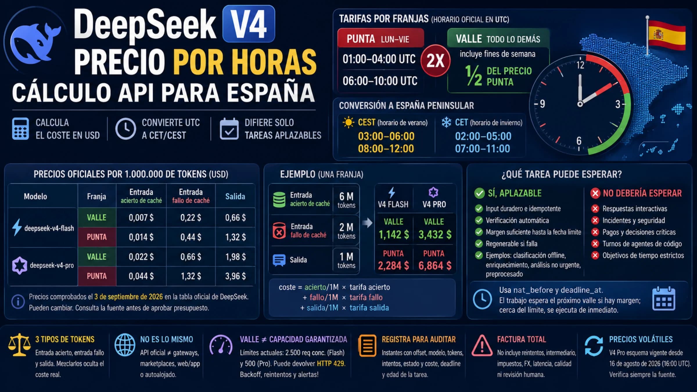 Franjas punta de DeepSeek V4, tarifas de tokens, cálculo y criterios para aplazar cargas