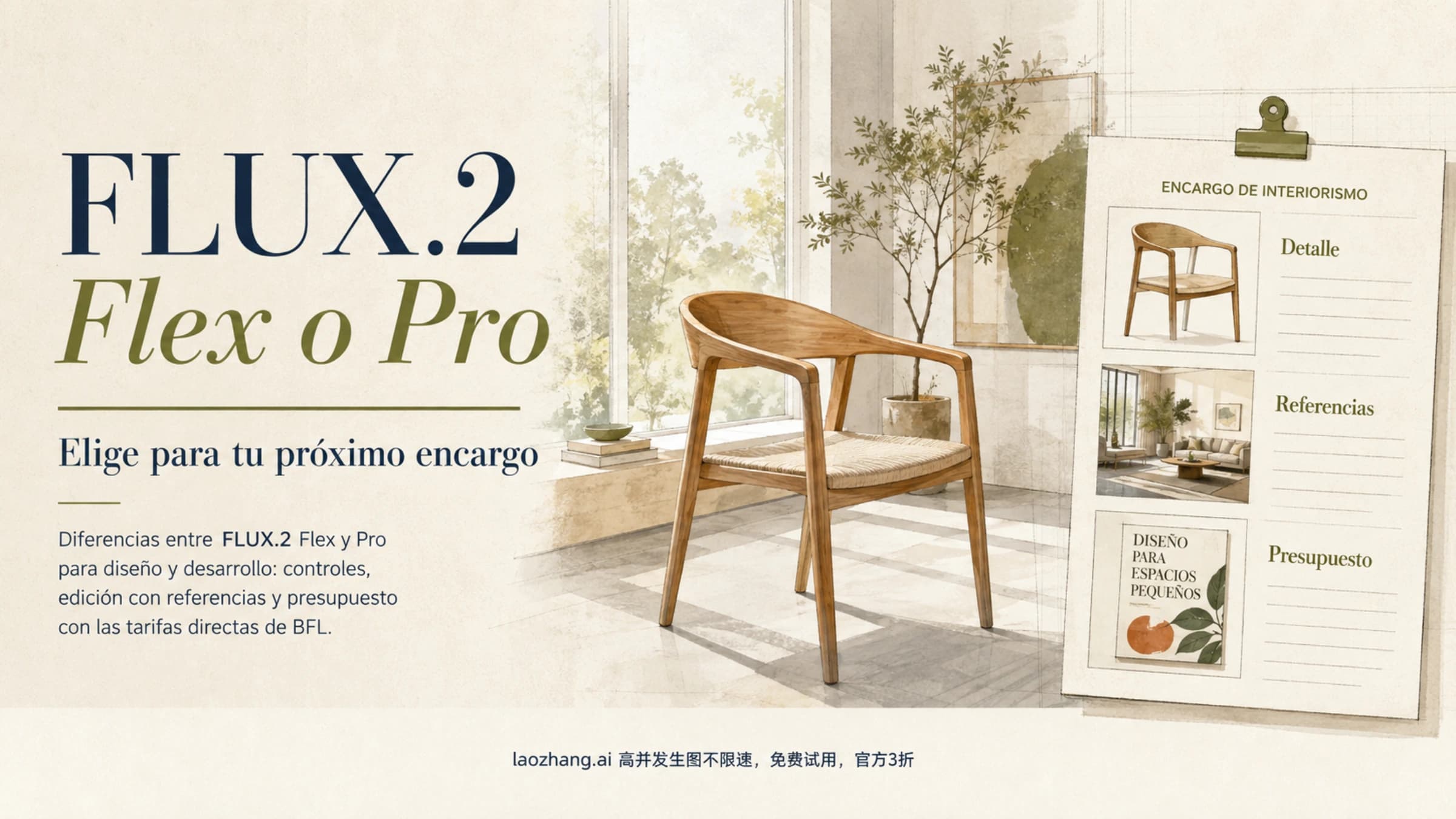 Ilustración de un encargo de interiorismo para elegir entre FLUX.2 Flex y Pro