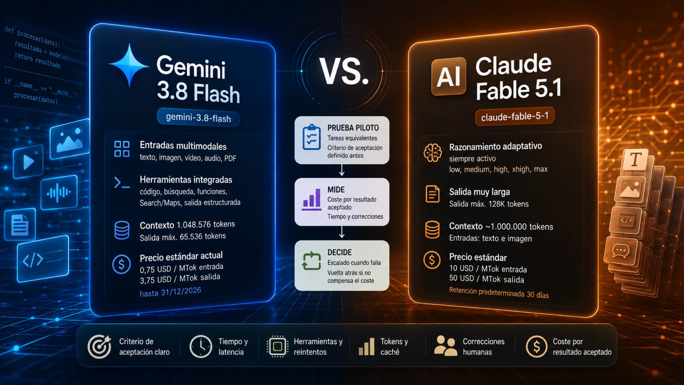 Comparación visual de Gemini 3.8 Flash y Claude Fable 5.1 con sus límites, precios y un ciclo de prueba, medición y decisión