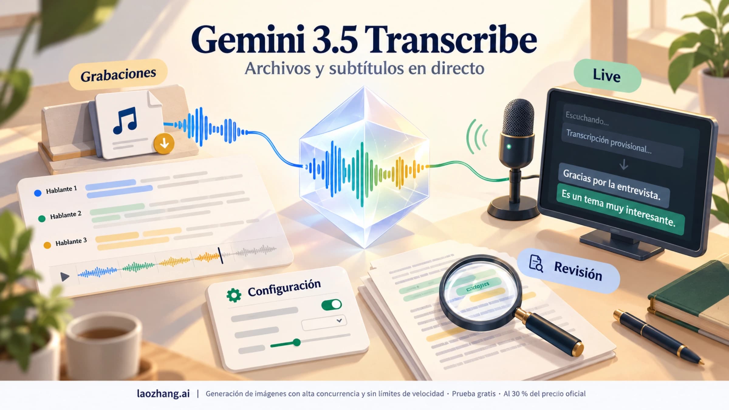 Transcripción con Gemini 3.5: elección entre archivos y subtítulos en directo, configuración y comprobaciones