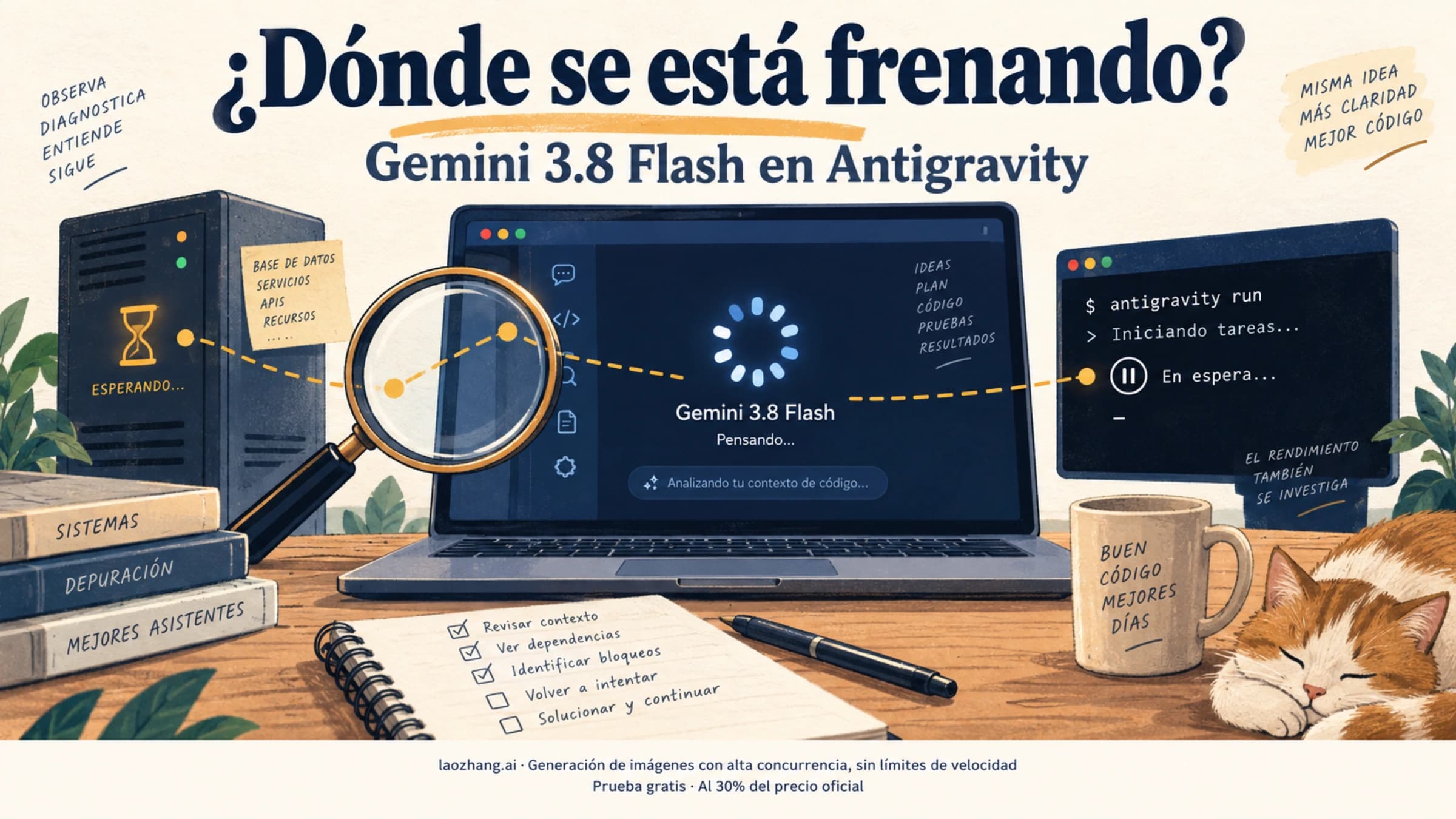 Ilustración de un asistente de programación en espera, un servidor y un terminal para localizar la lentitud en Antigravity