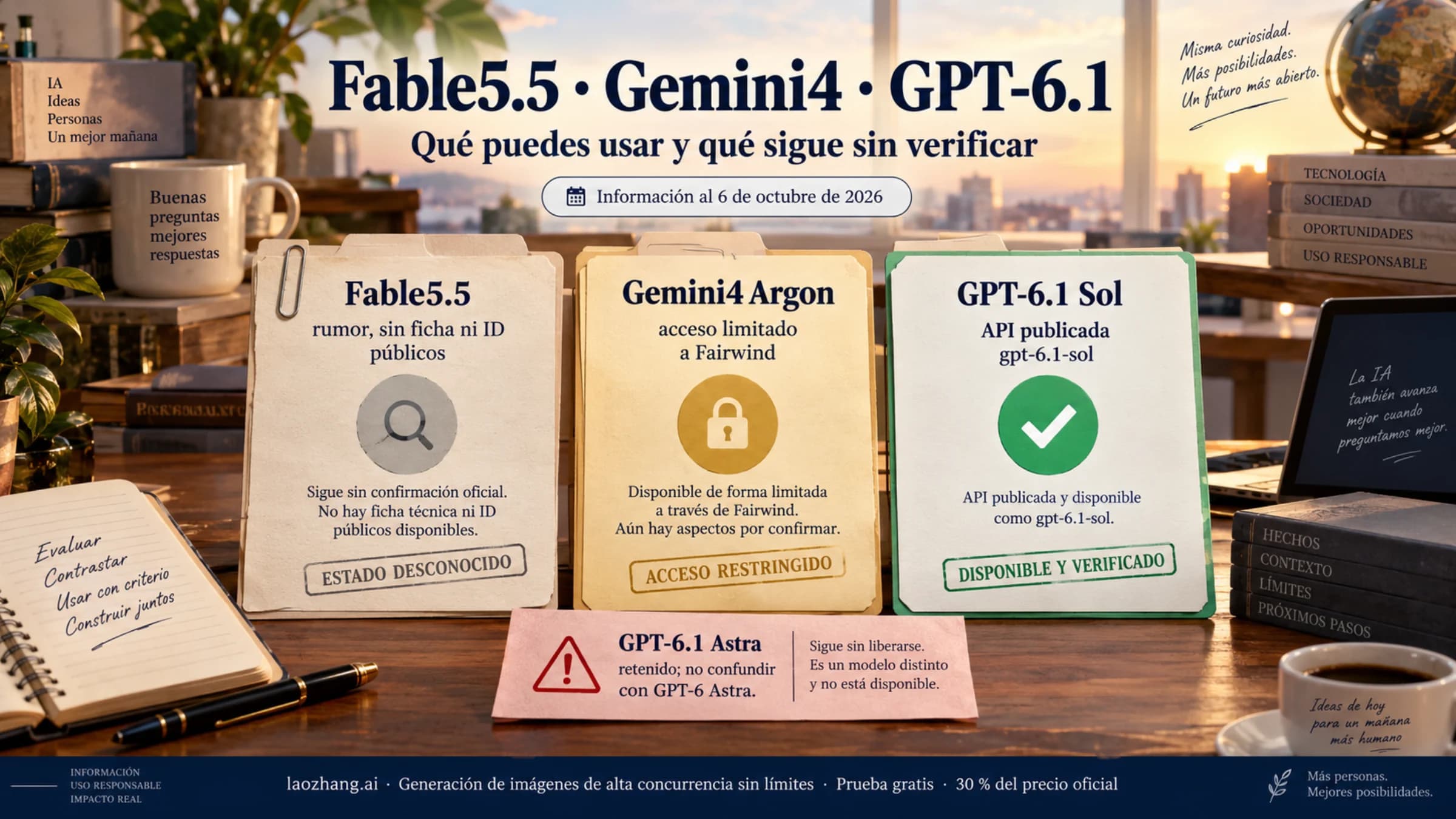Estado documentado al 6 de octubre: Fable 5.5 sin anuncio, Gemini 4 Argon restringido y GPT-6.1 Sol disponible