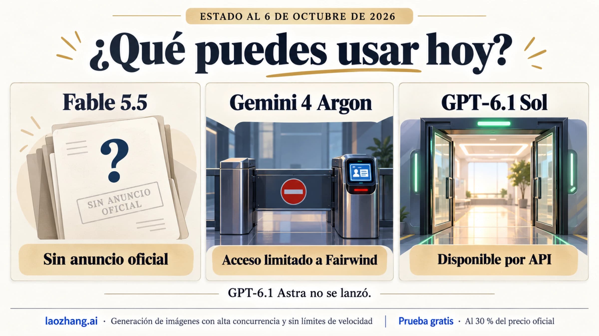 Ilustración del estado a 6 de octubre de 2026, antes de que Google abriera Gemini 4 Argon: Fable 5.5 sin anuncio oficial, Argon todavía limitado a Fairwind y GPT-6.1 Sol disponible por API.