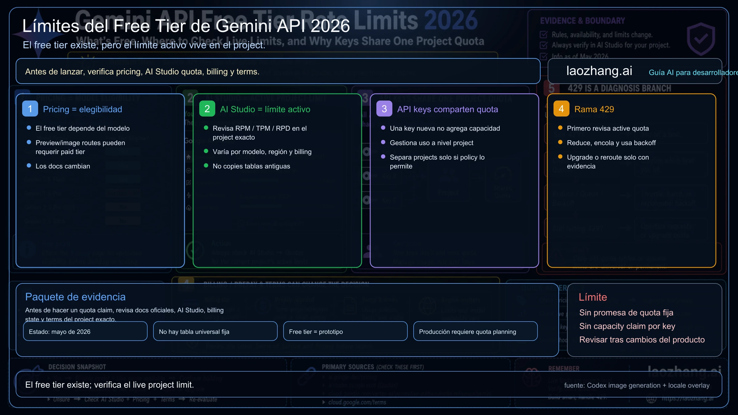 Mapa de Gemini API free-tier rate limits con pricing, AI Studio live quota, project-level keys, billing y 429 recovery