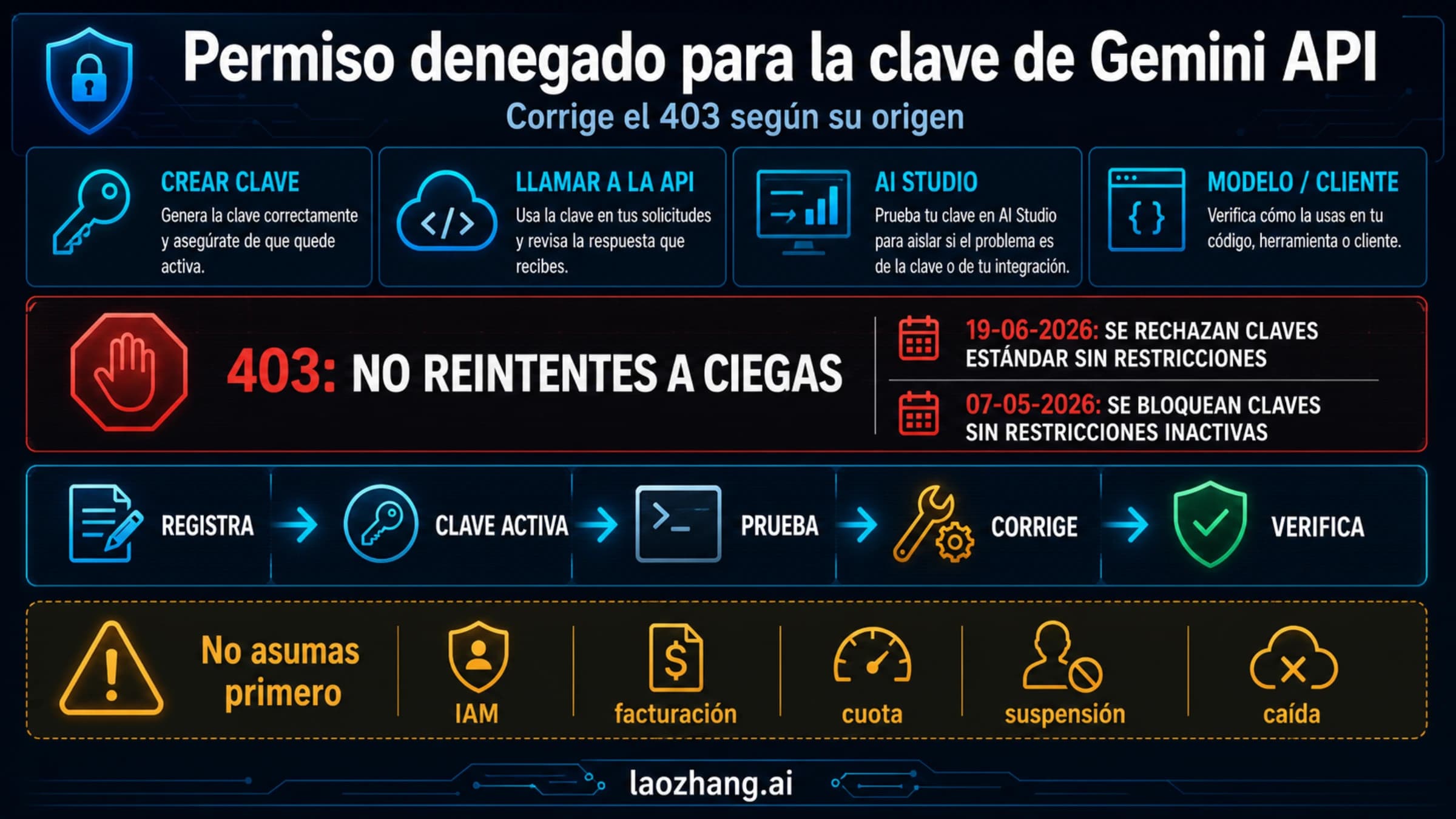 Mapa de diagnóstico para Gemini API 403 con cuatro puntos de fallo, regla de no reintentar y cambios de claves de 2026