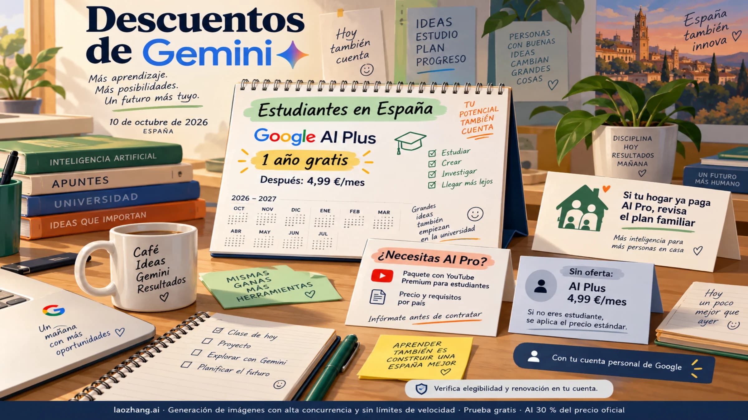 Descuentos de Gemini en España: AI Plus un año gratis para estudiantes elegibles y el precio de renovación, con opciones de plan familiar.