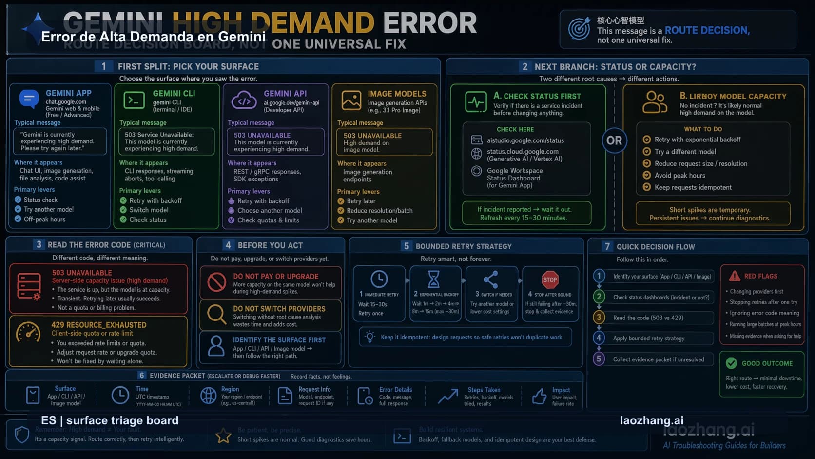 Tablero para diagnosticar el error de alta demanda de Gemini en App, CLI, API e image preview