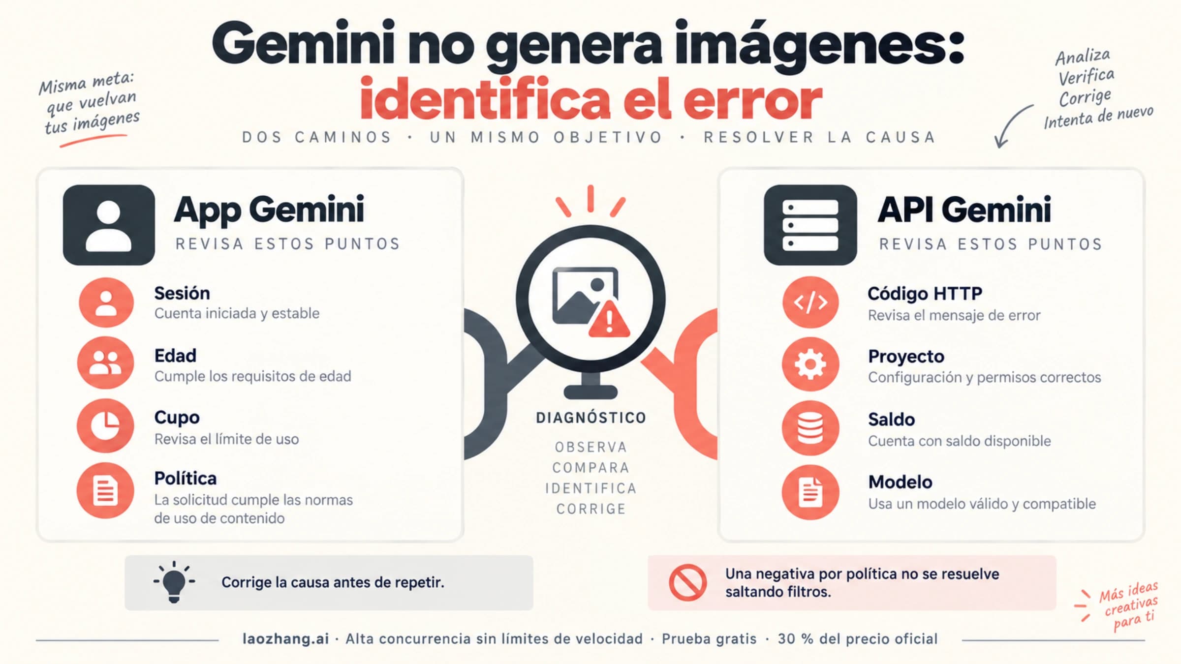 Diagnóstico de problemas de imagen en la app Gemini y en la API según su causa