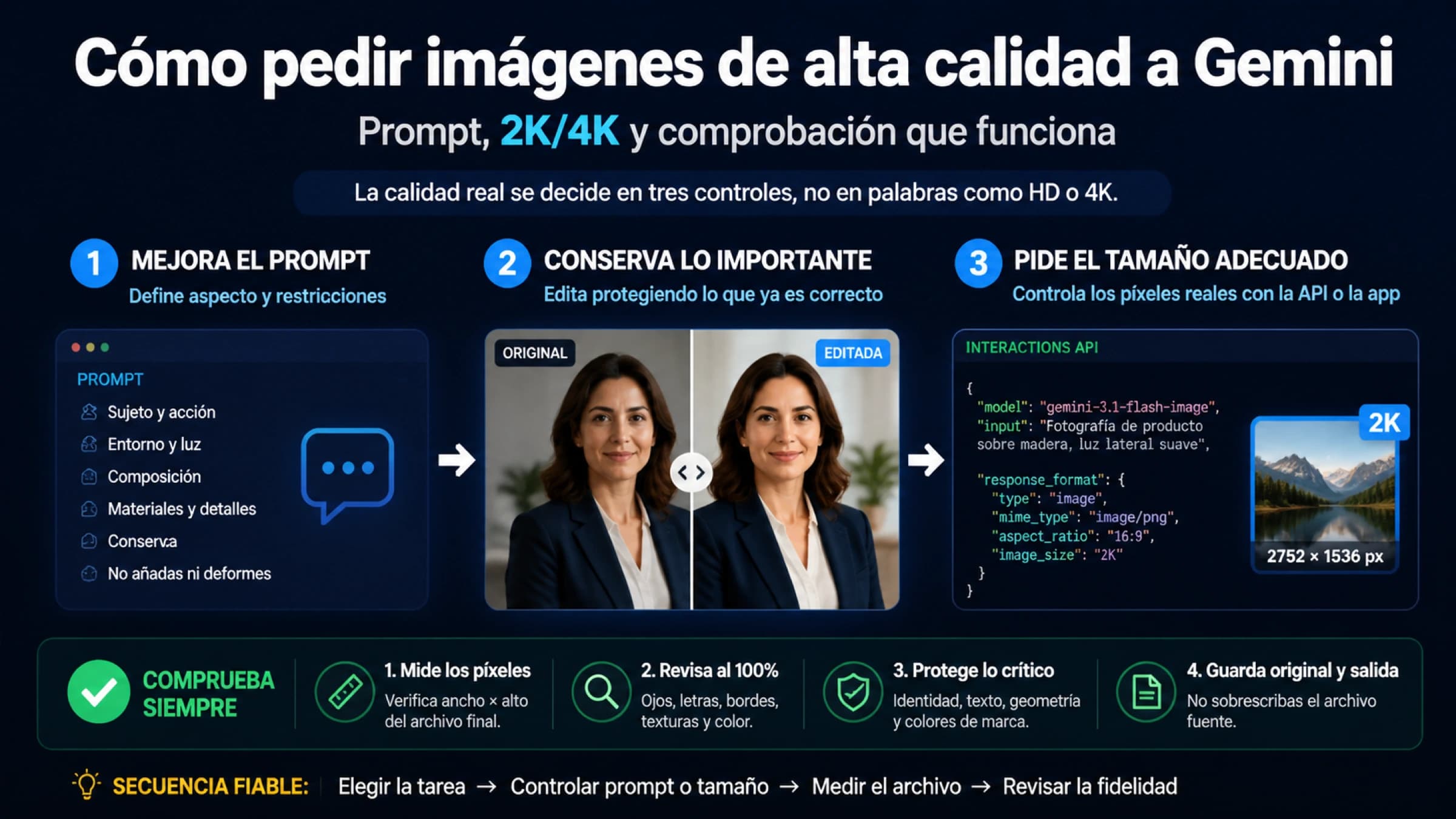 Mapa para elegir entre mejorar el prompt, conservar una foto y comprobar los píxeles de Gemini