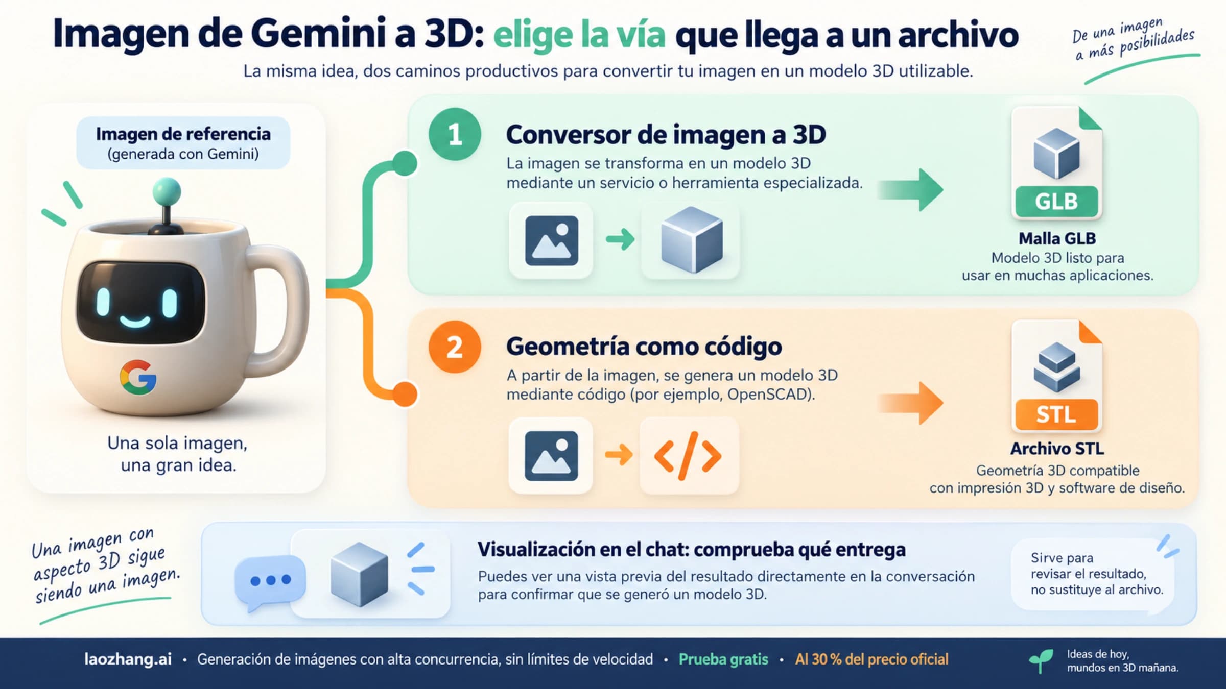 Rutas conceptuales de una imagen de referencia de Gemini a una malla GLB o un archivo STL mediante código