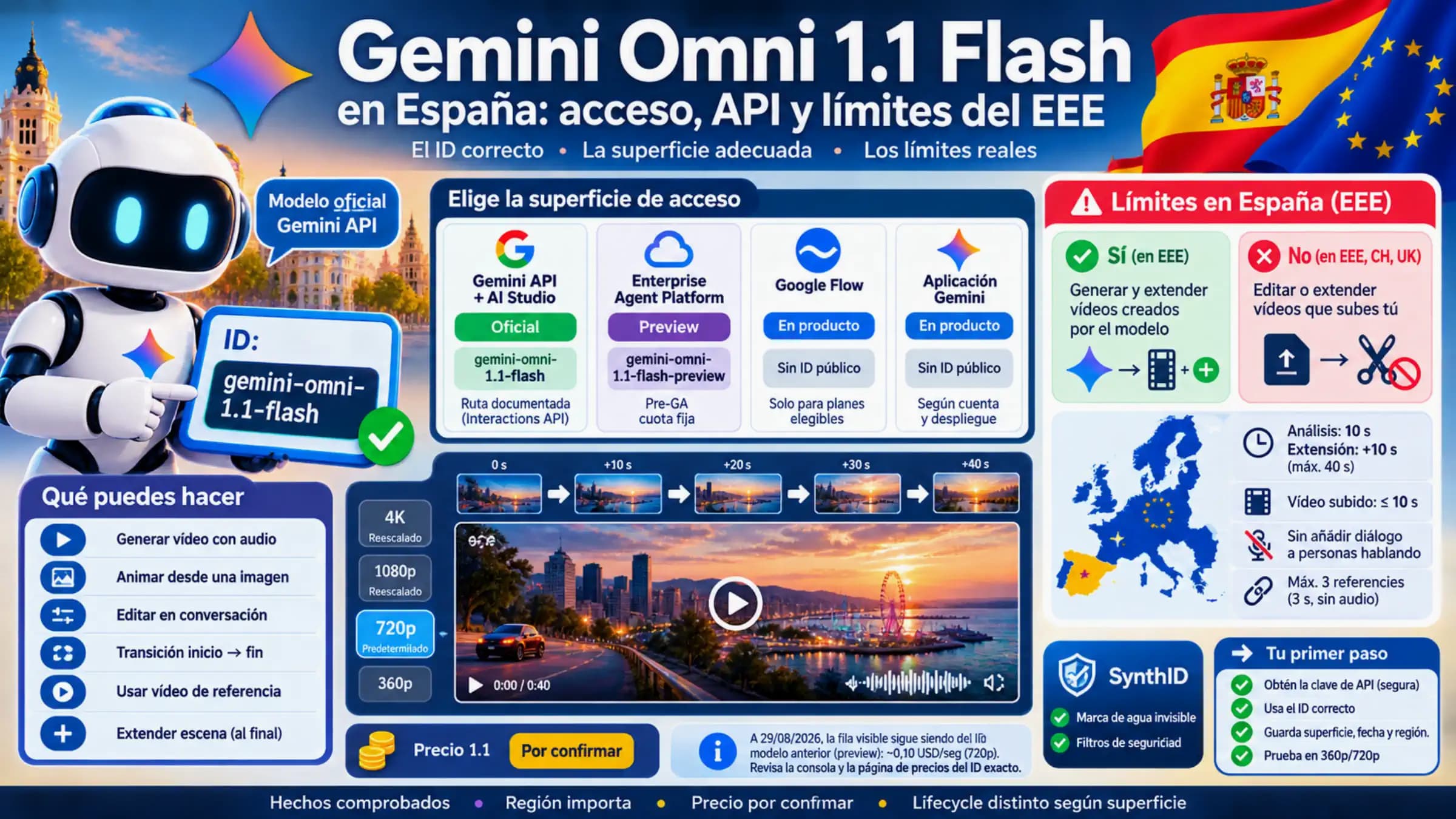 Guía visual de Gemini Omni 1.1 Flash en España que compara Gemini API, Cloud Preview, Flow y la aplicación, con funciones de vídeo, límites del EEE, SynthID, precio y primer paso