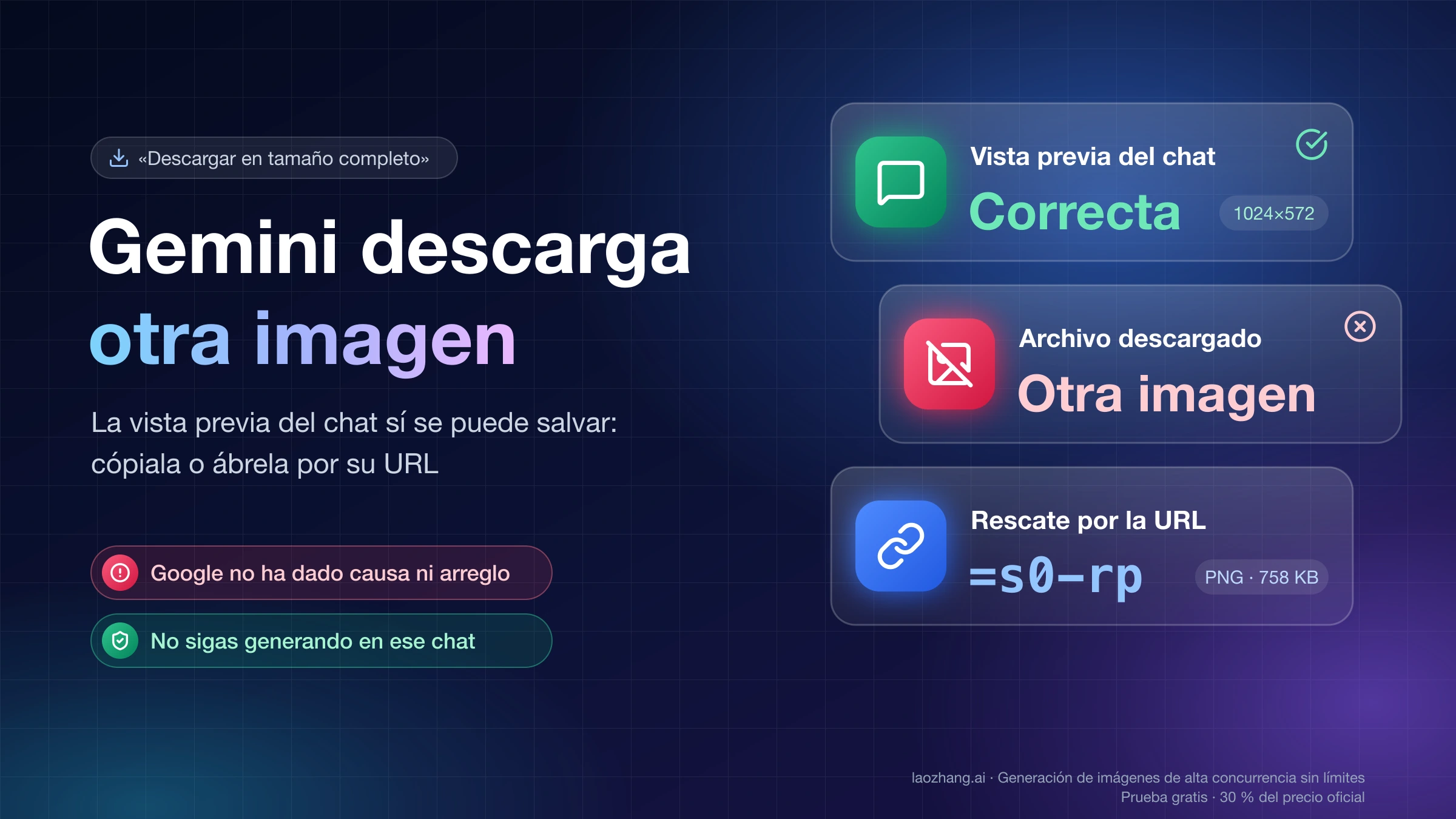 Vista previa correcta en el chat de Gemini frente a un archivo descargado con otra imagen, y el rescate por la URL con =s0-rp