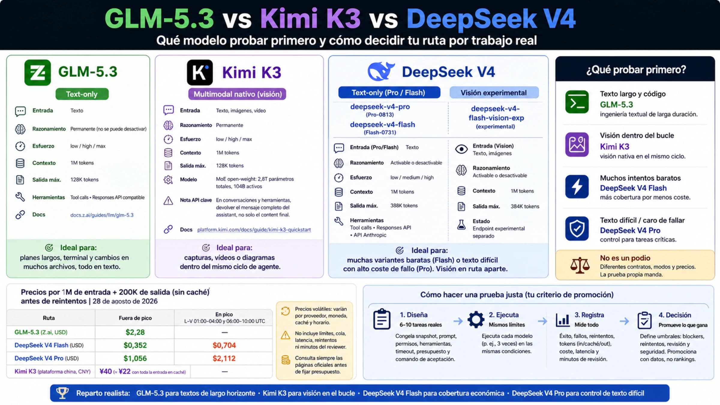 Panel de rutas, precios y prueba de promoción para GLM-5.3, Kimi K3 y DeepSeek V4
