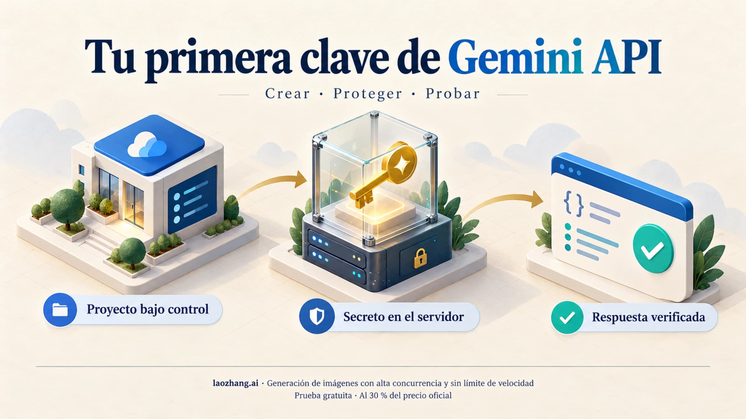Recorrido desde un proyecto Cloud controlado hasta una clave Gemini API protegida y una primera respuesta verificada