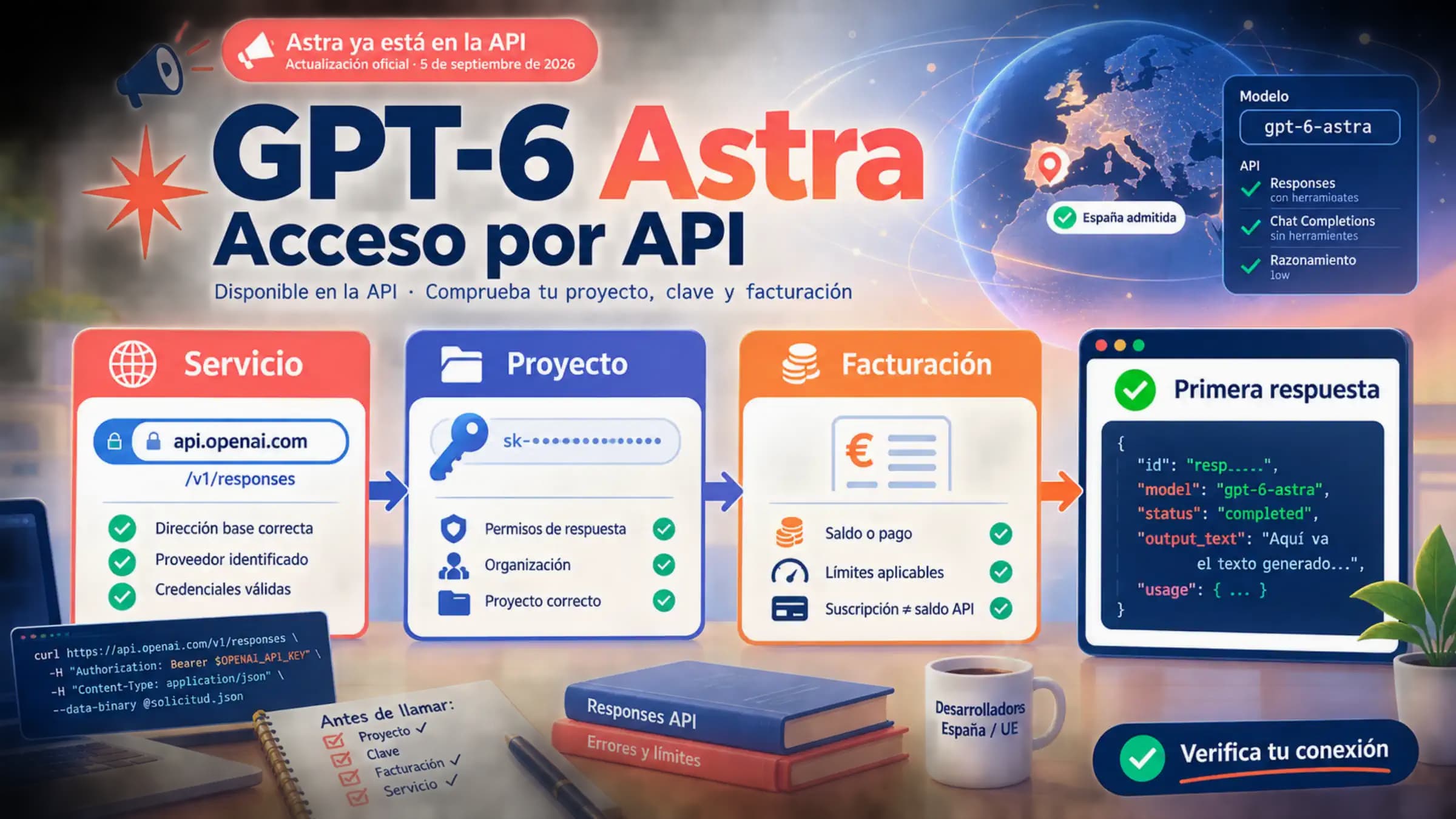 Esquema de acceso a GPT-6 Astra mediante el servicio, el proyecto y la facturación de la API