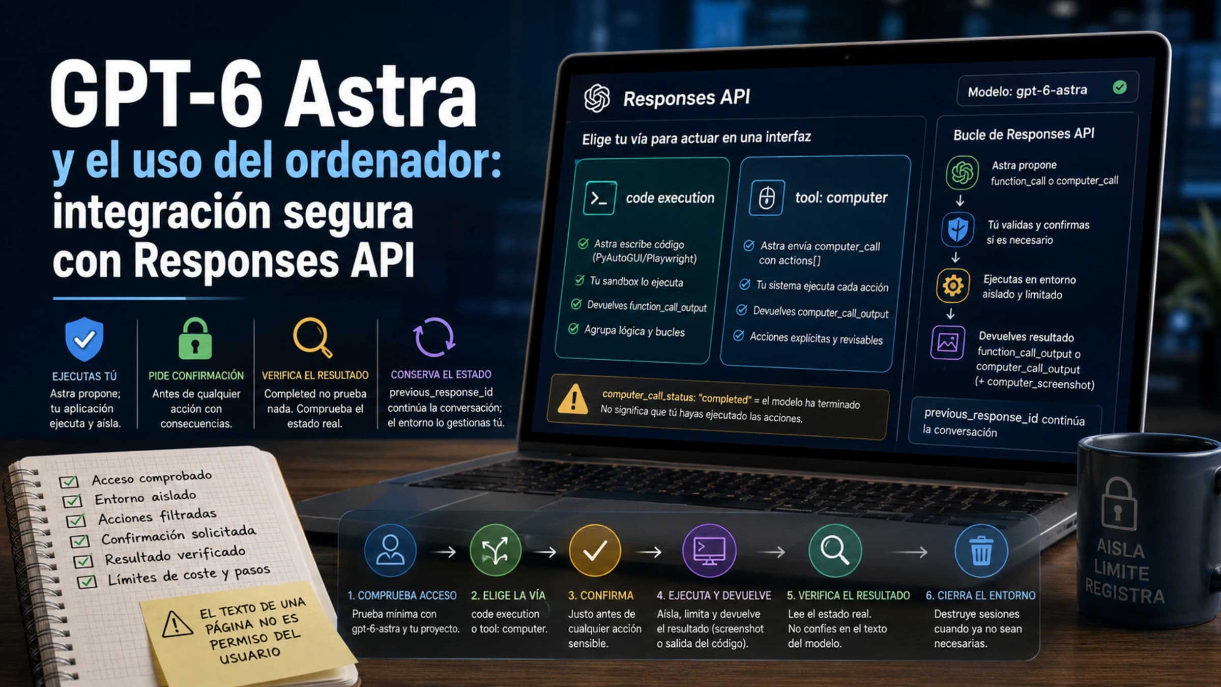 Portada sobre GPT-6 Astra con las vías code execution y computer, controles de seguridad y verificación del resultado