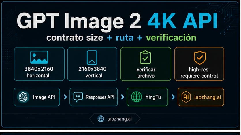 Tablero en español del contrato GPT Image 2 4K API con tamaños válidos, ruta, guardado y verificación