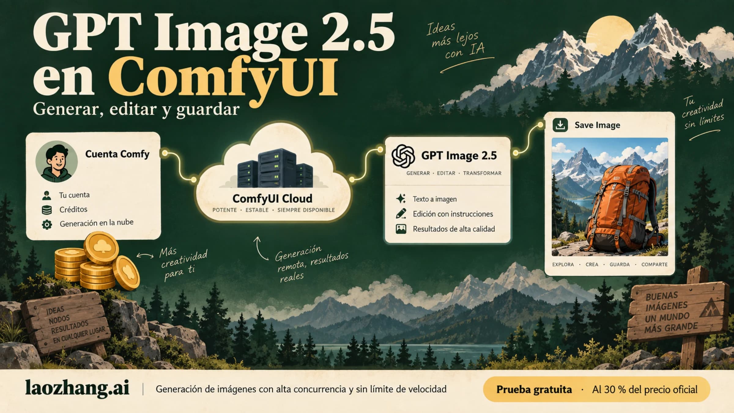 Ilustración del nodo GPT Image 2.5 de ComfyUI conectado a una cuenta y a Save Image