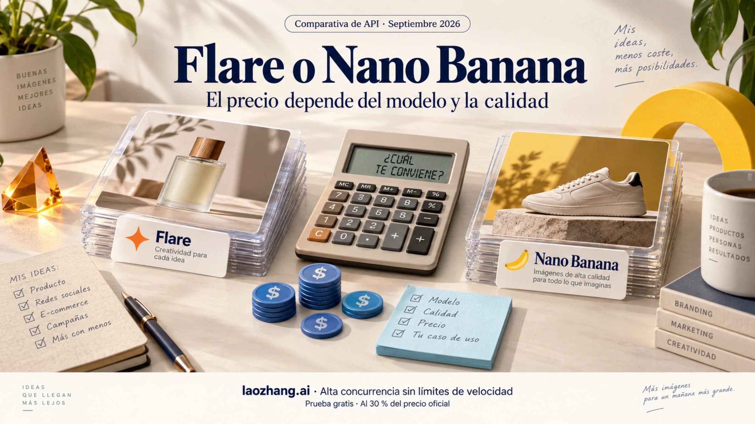 Flare y Nano Banana junto a una calculadora y muestras de imágenes para comparar el precio de sus API