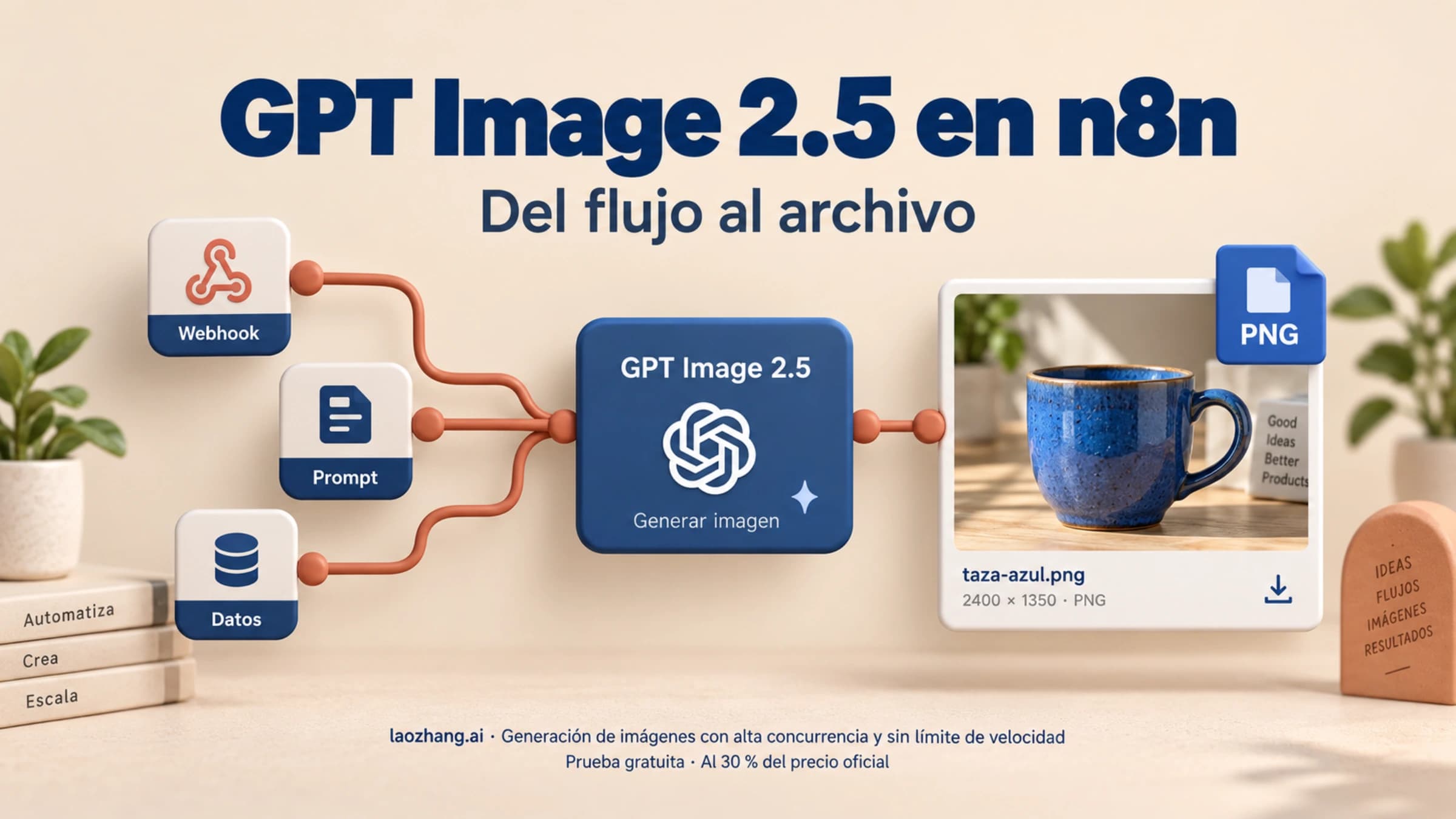 Nodos conectados que convierten una petición a GPT Image 2.5 en un archivo PNG