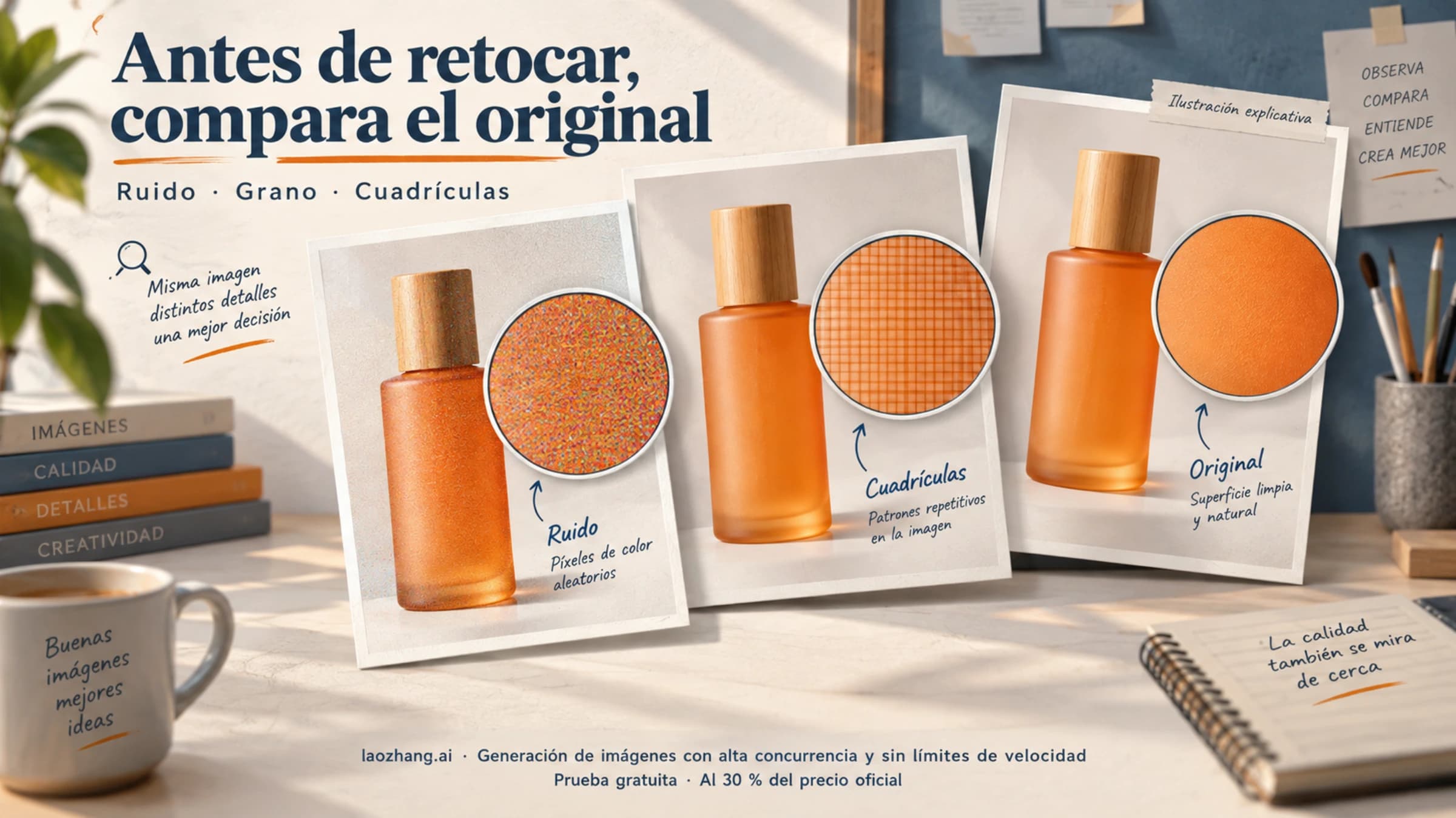 Ilustración de imágenes de un frasco y ampliaciones para identificar ruido, granulado y patrones cuadriculados