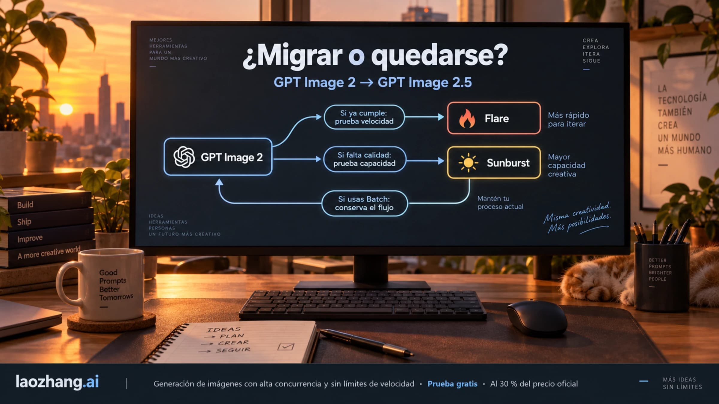 Monitor en un escritorio al atardecer que muestra un diagrama con tres rutas desde GPT Image 2 hacia Flare, Sunburst o quedarse con el modelo actual
