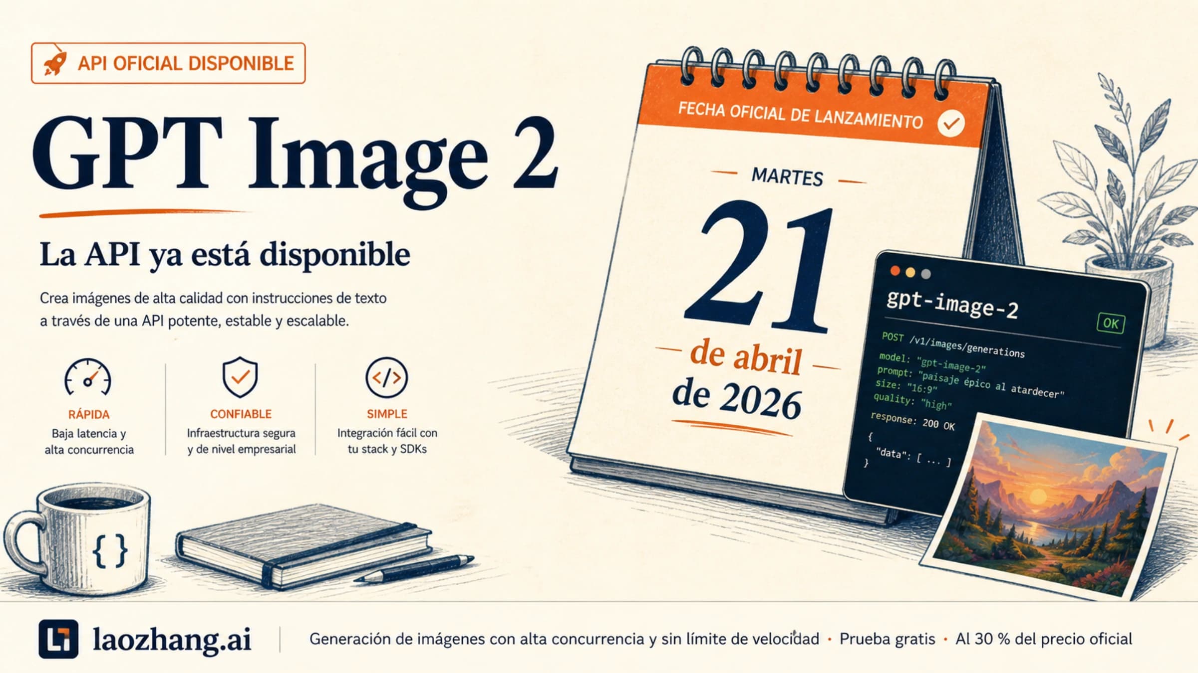 Calendario del 21 de abril de 2026 junto a una ilustración de la API de GPT Image 2